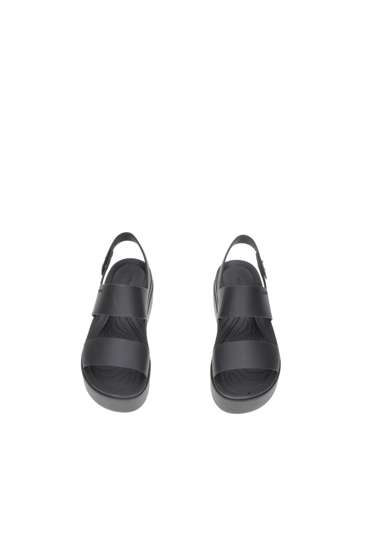 Black Crocs Brooklyn Low Wedge sandals showcasing two wide straps, designed for comfort and flexibility.