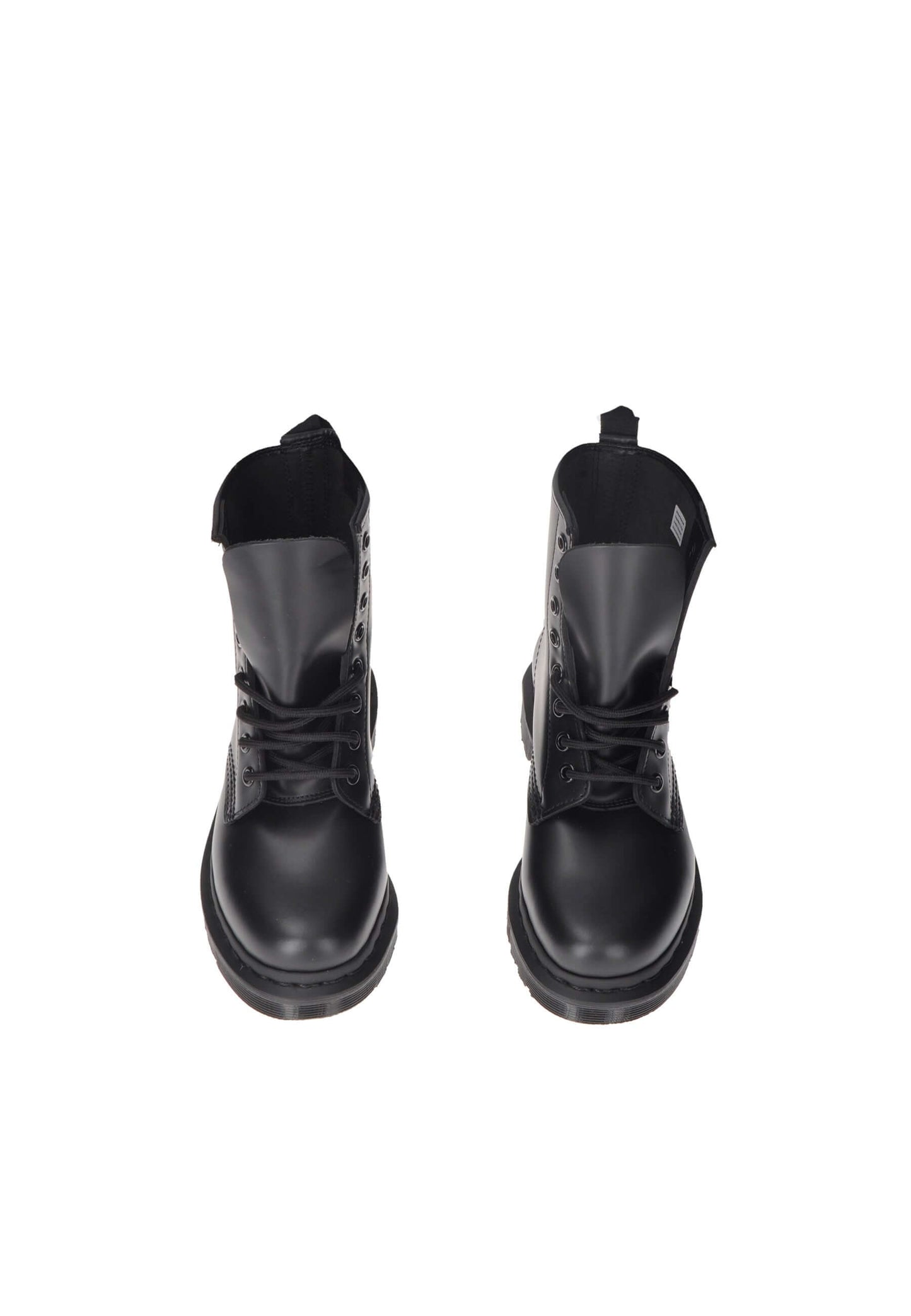 Top view of DR. MARTENS 1460 MONO black leather boots with lace closure and padded insole.