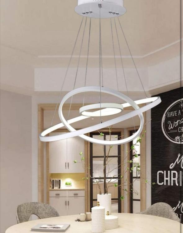 48-W-LED-Pendelleuchte mit Kreisen und Ringen, weiß, modernes, warmes Licht für Wohnzimmer
