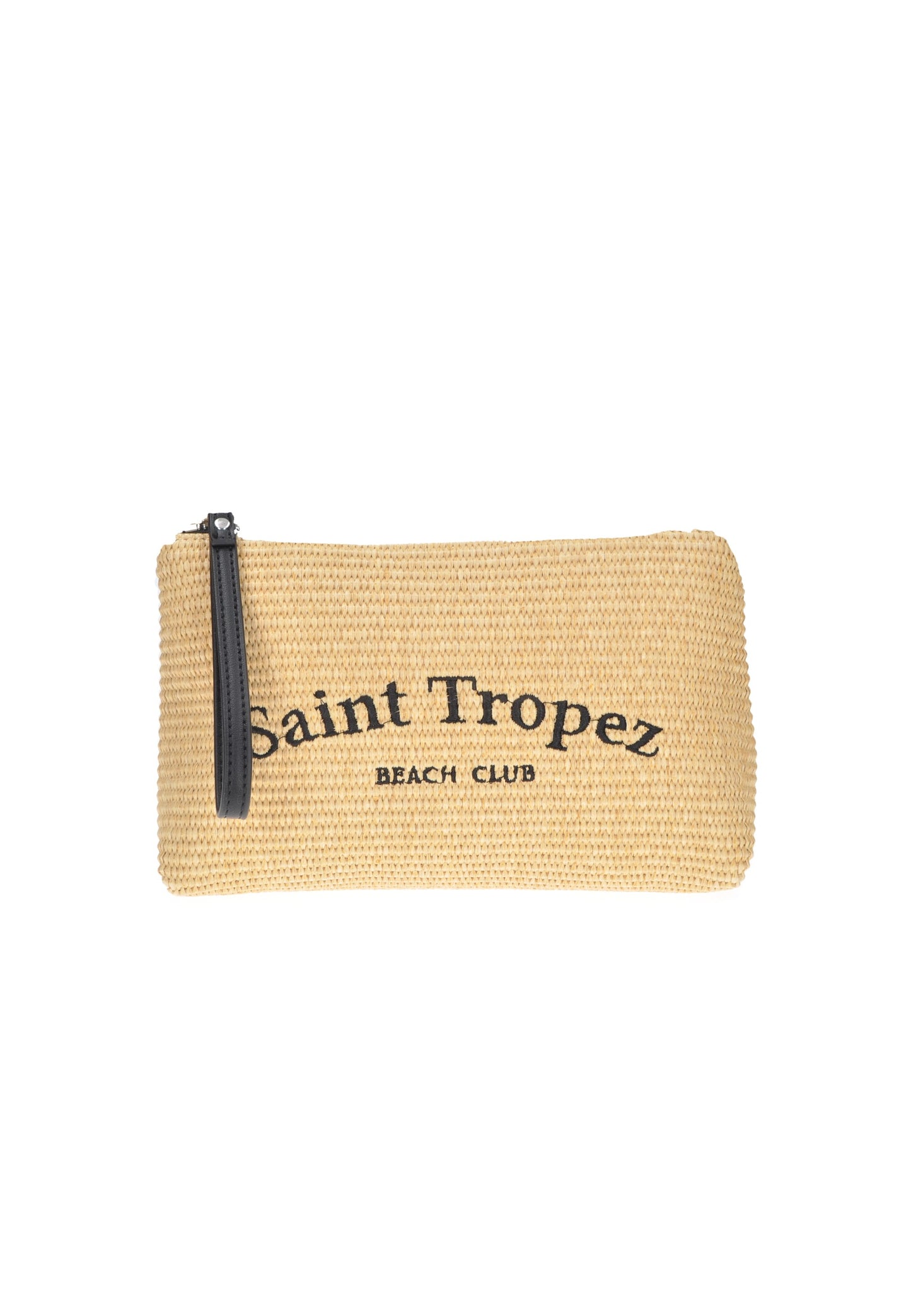 Natural straw pouch with black zipper and 'Saint Tropez Beach Club' text, ideal for beach essentials.