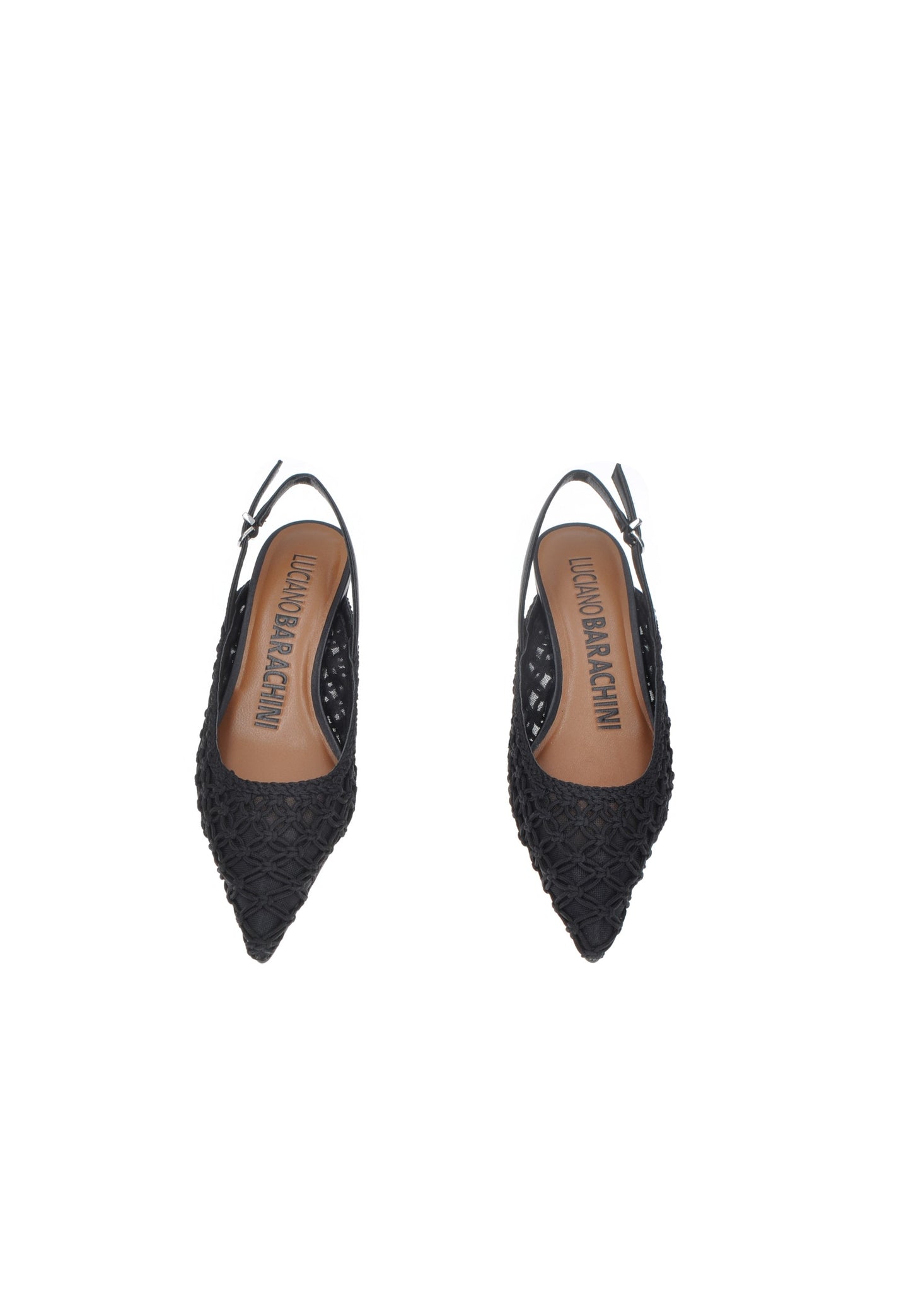 Black slingback shoes by LUCIANO BARACHINI with pointed toes and woven texture, perfect for stylish summer looks.