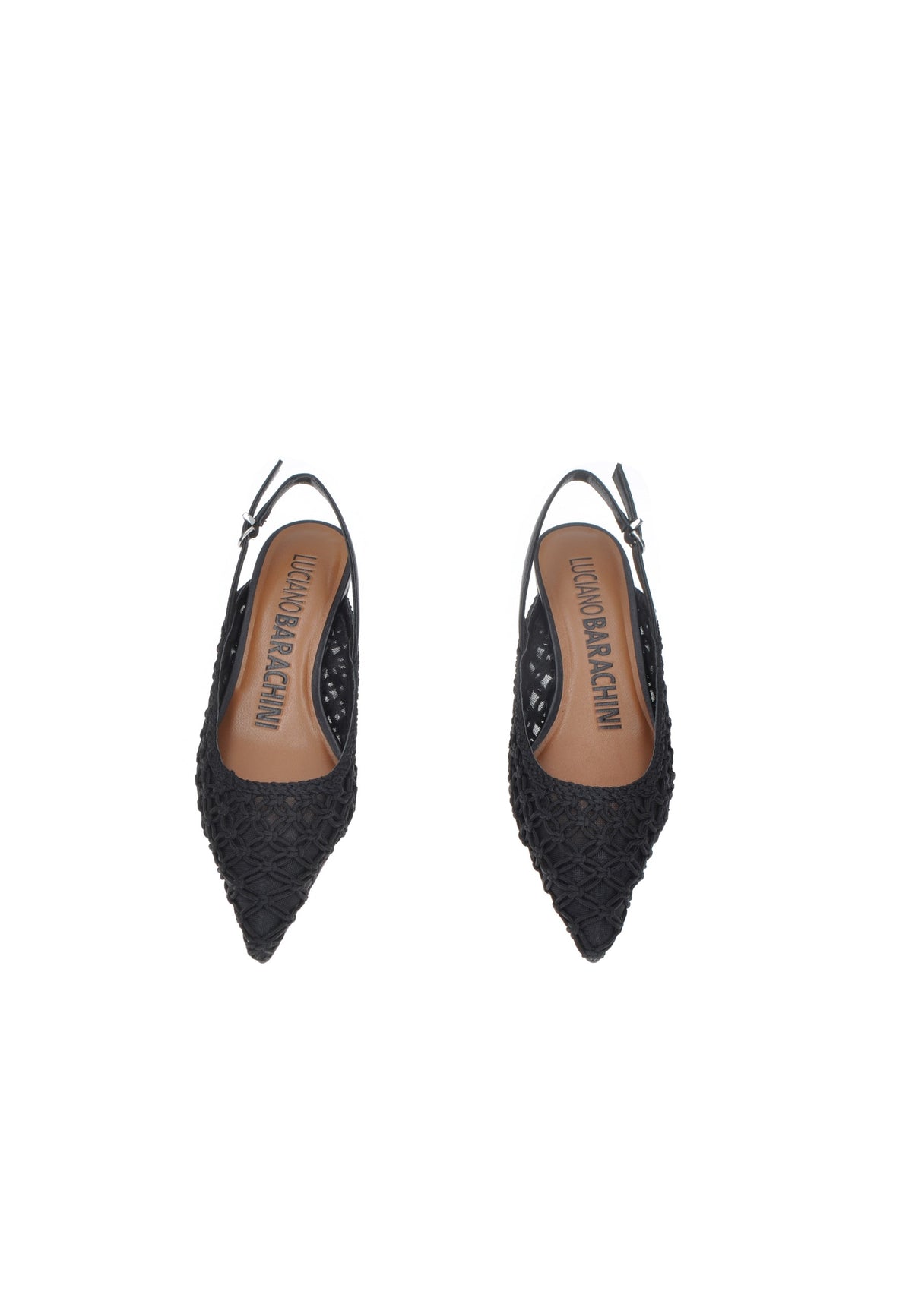 Black slingback shoes by LUCIANO BARACHINI with pointed toes and woven texture, perfect for stylish summer looks.