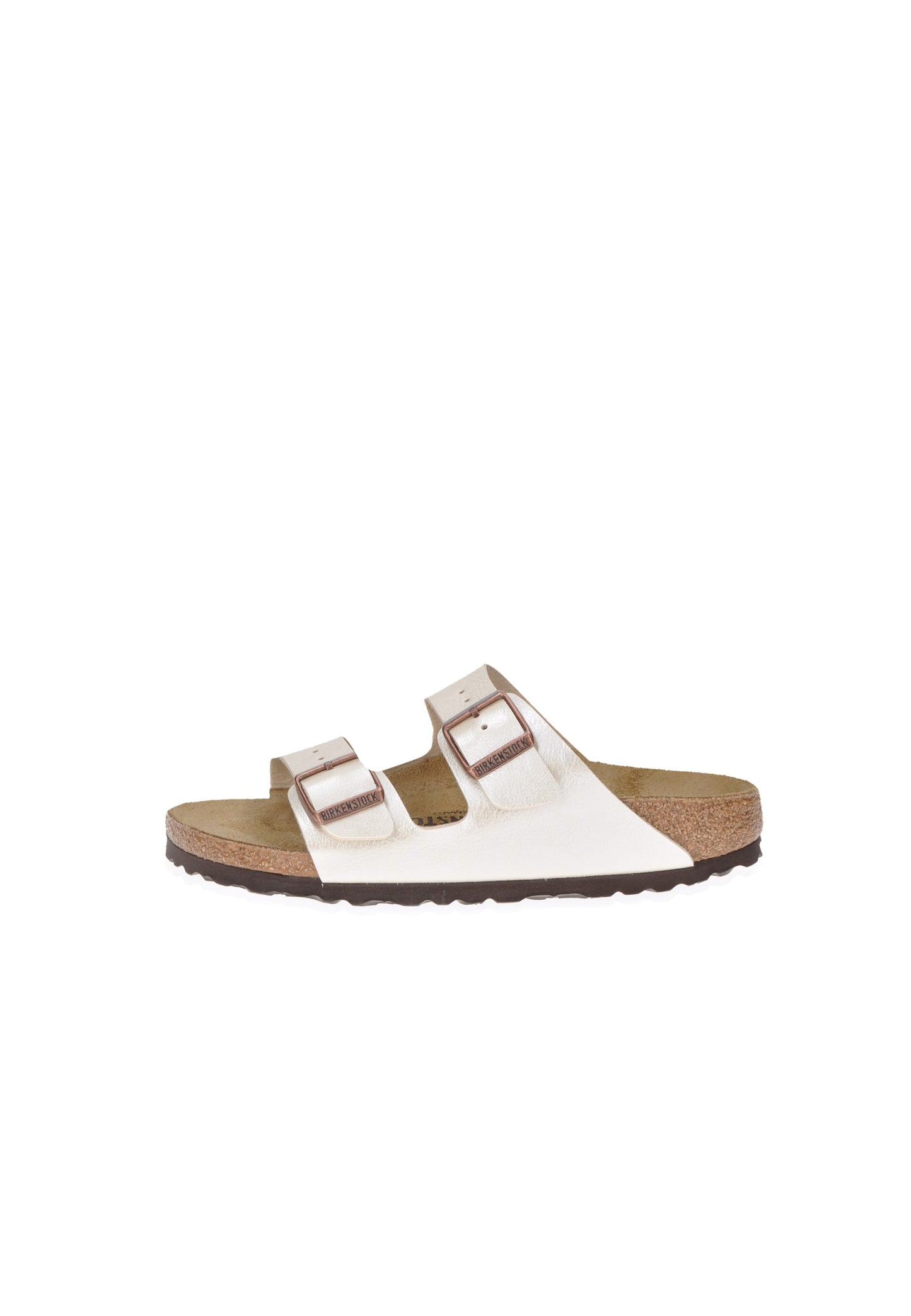 Sandalo BIRKENSTOCK Arizona in Birko Flor, con due cinturini e suola in sughero e lattice, stile comodo e regolabile.