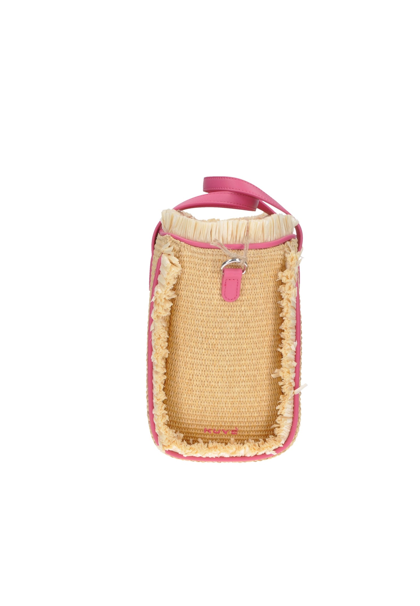 Borsa a mano KUVE' in raffia con dettagli rosa, chiusura a cerniera e tracolla, dimensioni 33x25x14 cm.