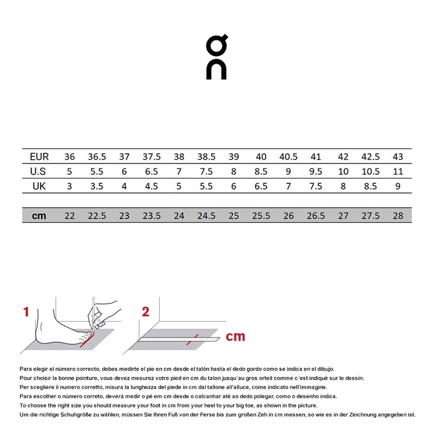 Tabella misure Scarpe Cloudsurfer Next Donna Glacier/White per garantire la taglia corretta.