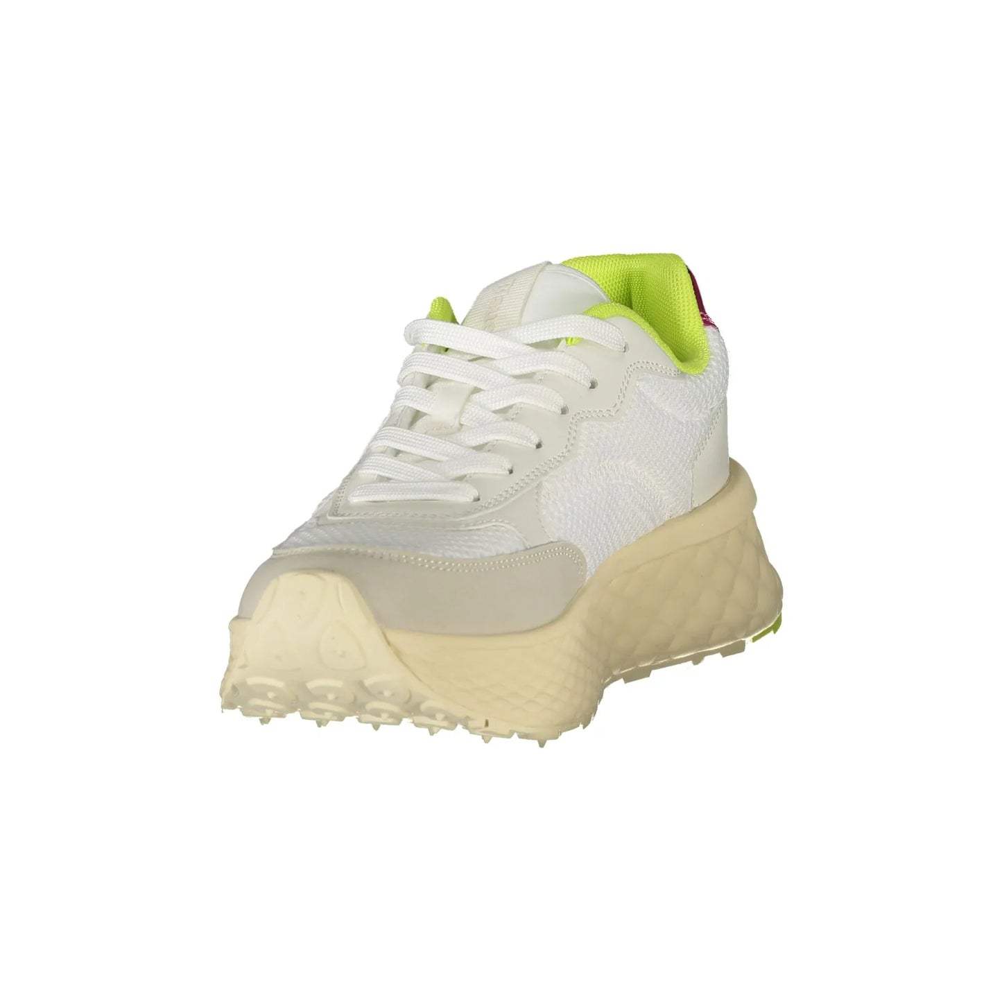Weiße Damen-Sneaker von BLAUER mit Schnürsenkeln und grün-fuchsiafarbenen Details