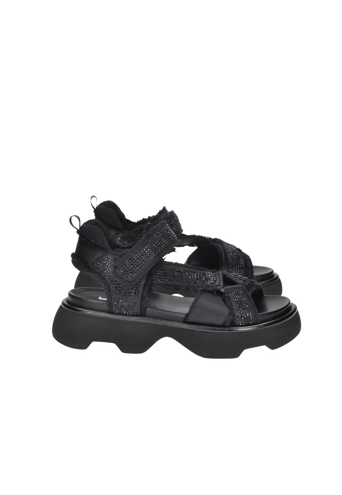 TJ522 Sandalo JEANNOT, black strappy sandals with velcro and rhinestone detailing, cushioned footbed and 5cm platform.
