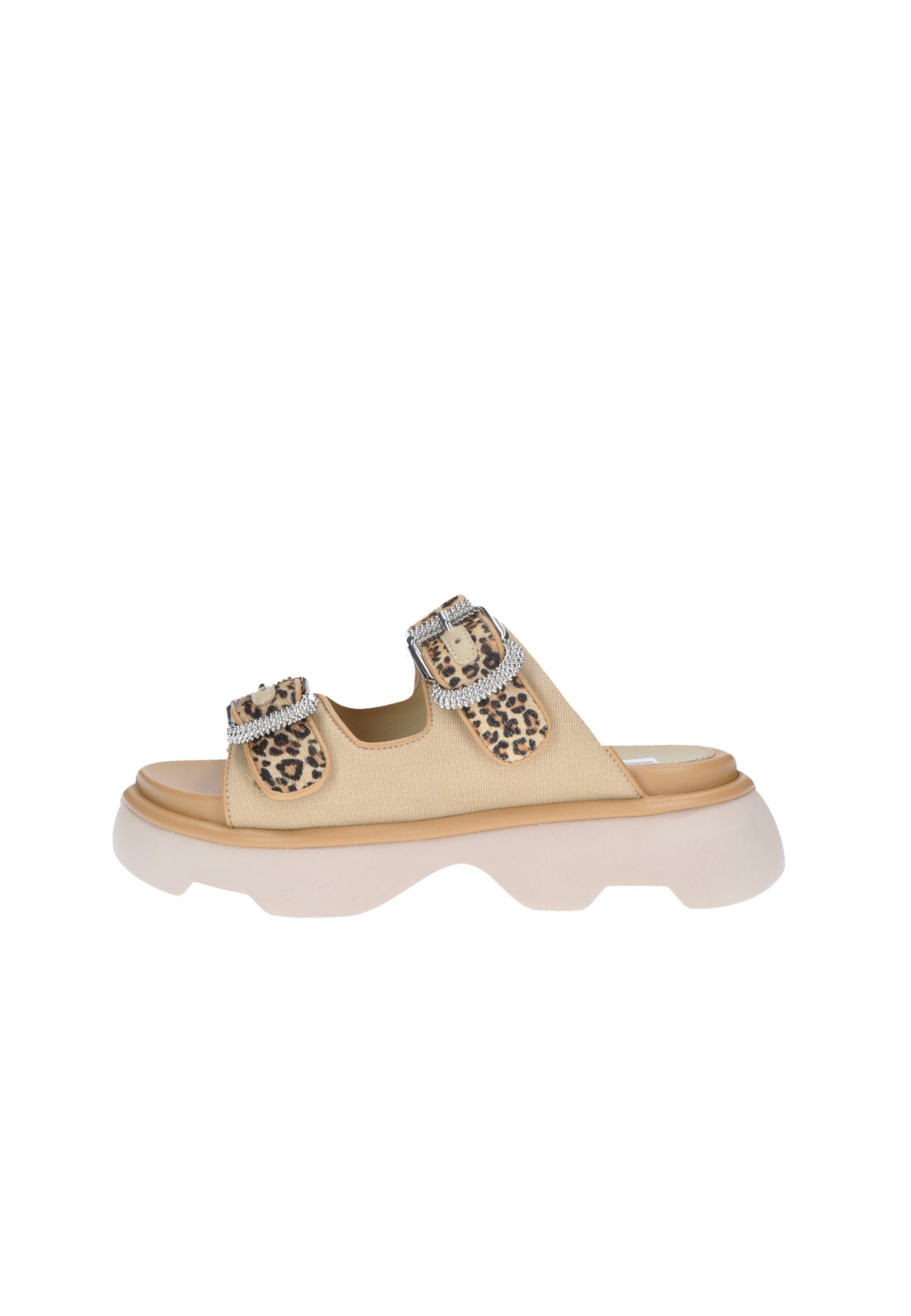 TJ523 JEANNOT Sandalo Noemi in pelle e tessuto con fibbie e suola alta, colori beige e leopardati.