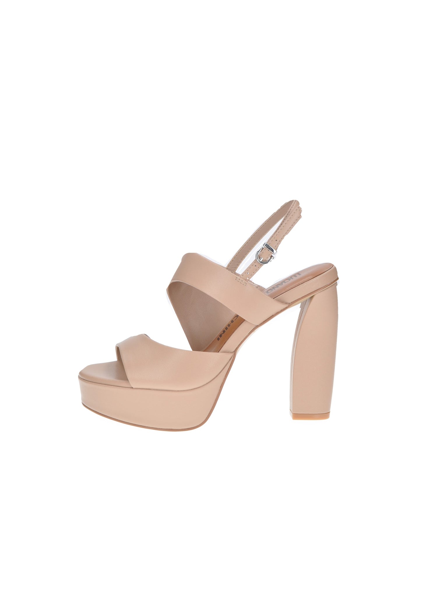 Sandalo LUCIANO BARACHINI in pelle beige, con tacco alto 12 cm e plateau 4 cm per un look elegante e femminile.