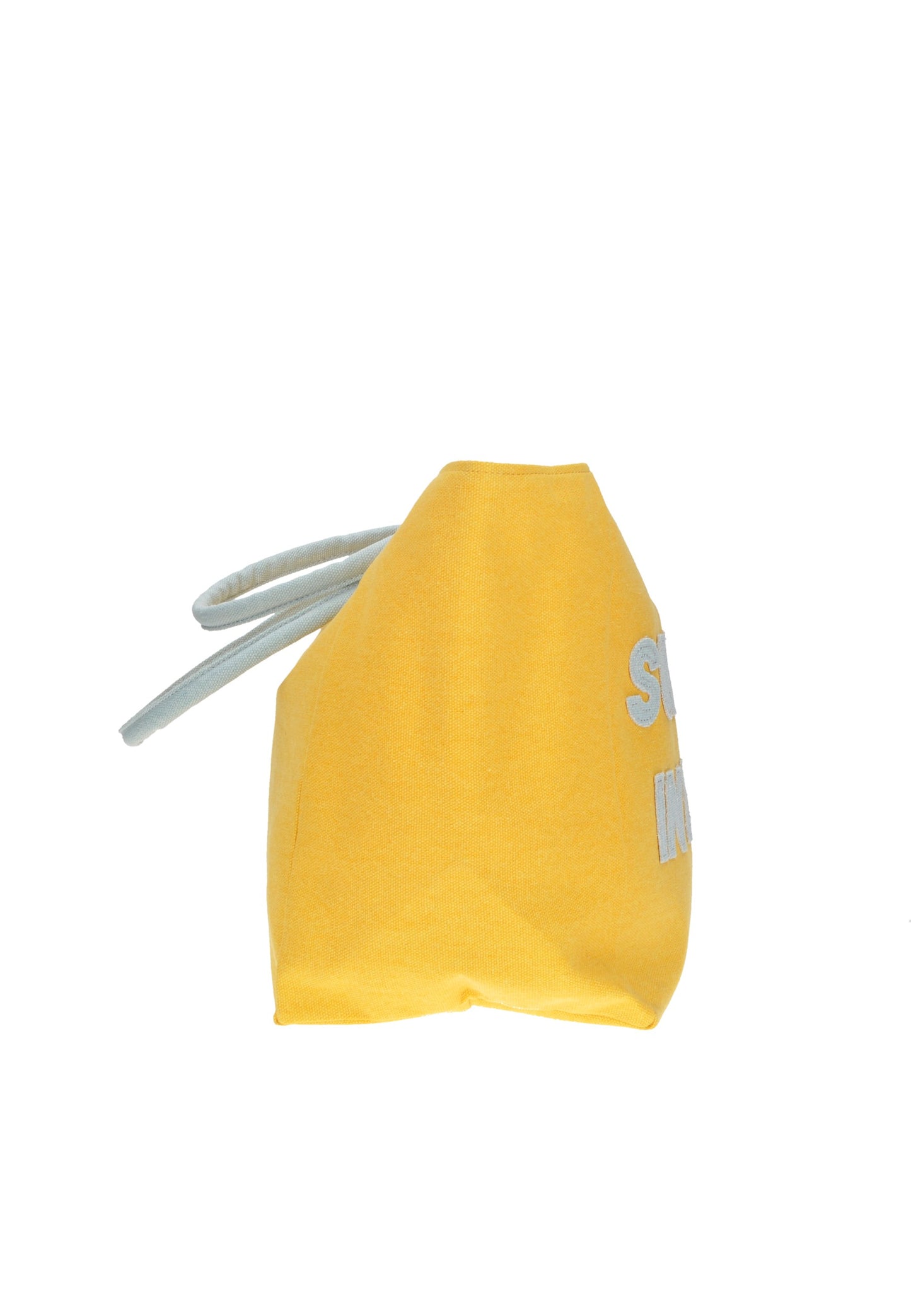 Side view of KBS33A01 Shopping KUVE' bag in yellow with white text, perfect for beach outings.