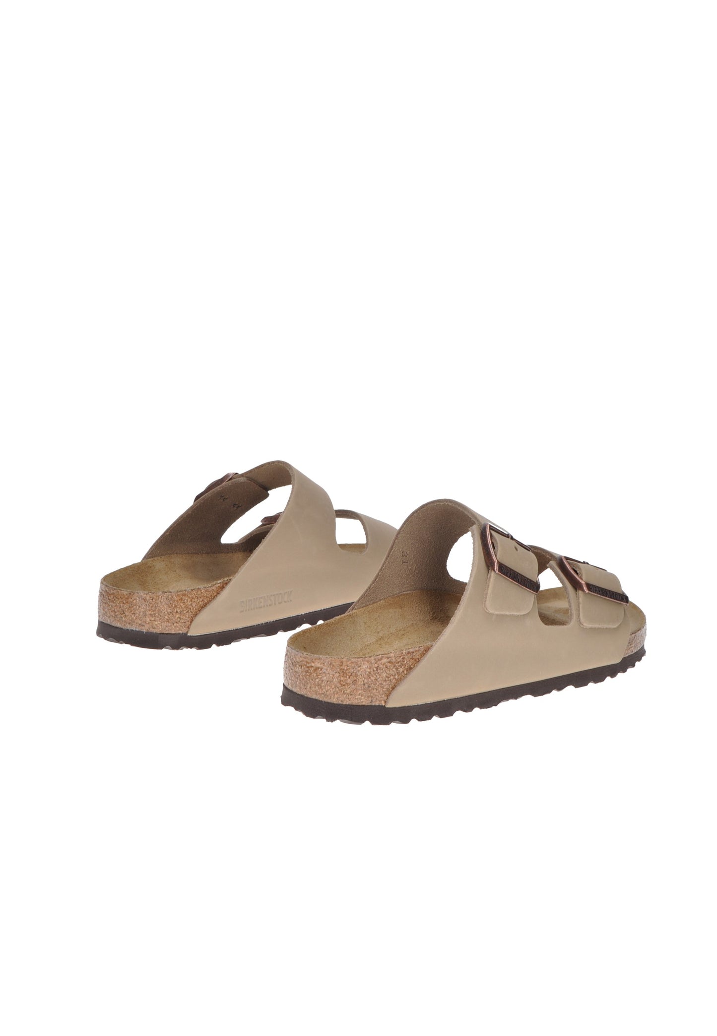 Rear view of BIRKENSTOCK Arizona BS Oiled sandals with two adjustable metal buckles and suede footbed.