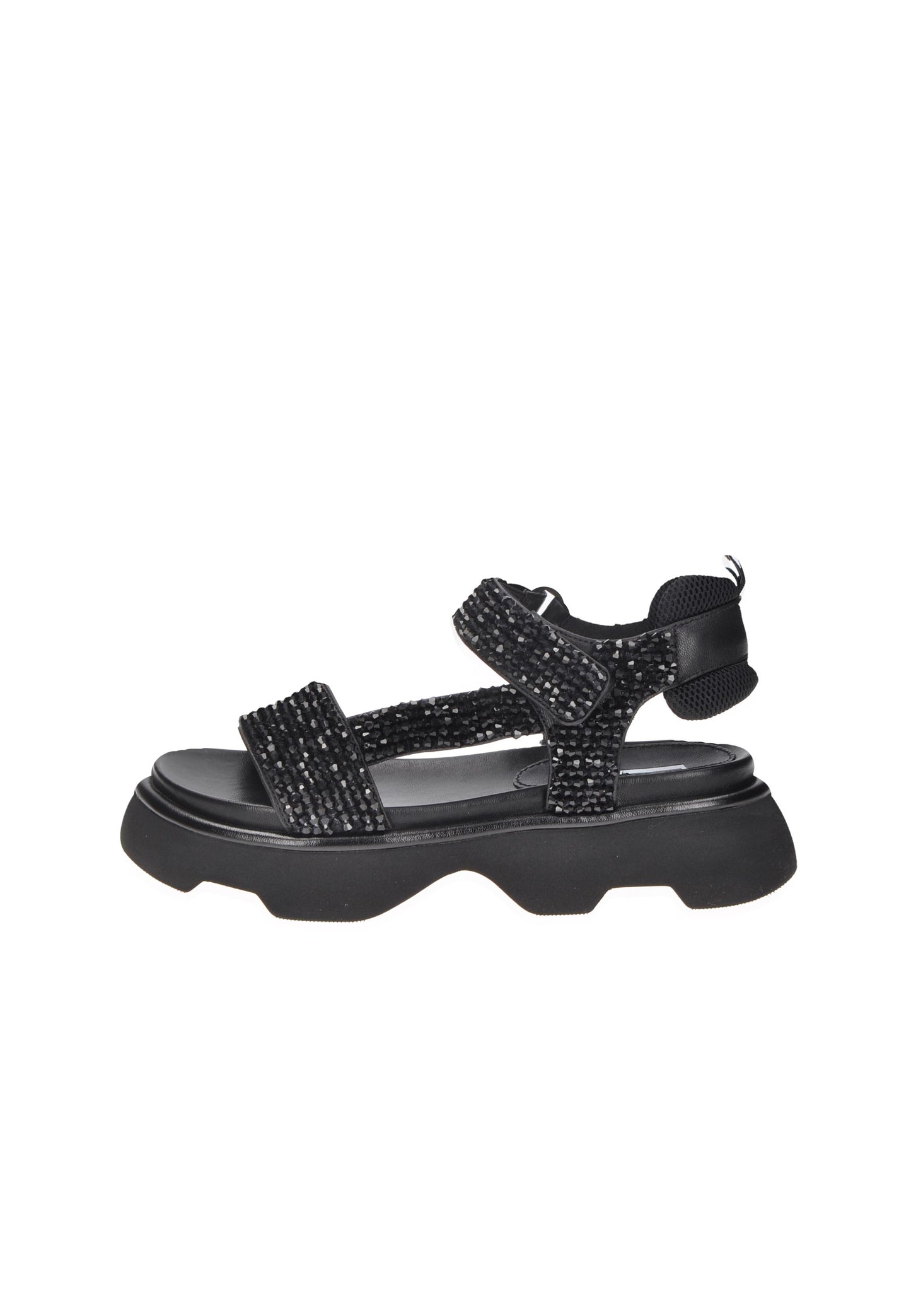 TJ524 Sandalo JEANNOT in black with rhinestone details and cushioned footbed, featuring velcro closure and thick rubber sole.
