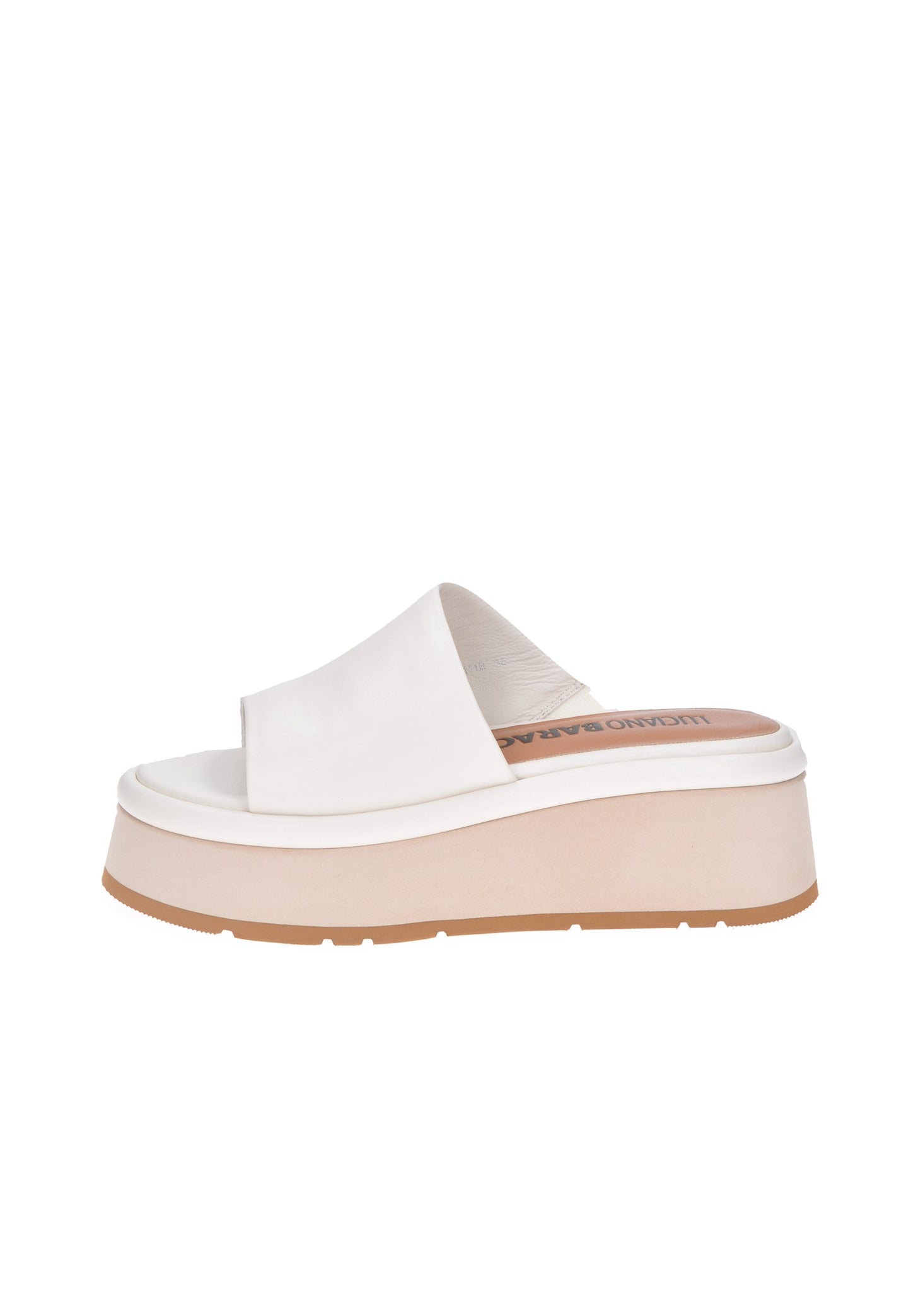 White Susy sandal by LUCIANO BARACHINI with padded footbed and 7 cm platform for style and comfort.