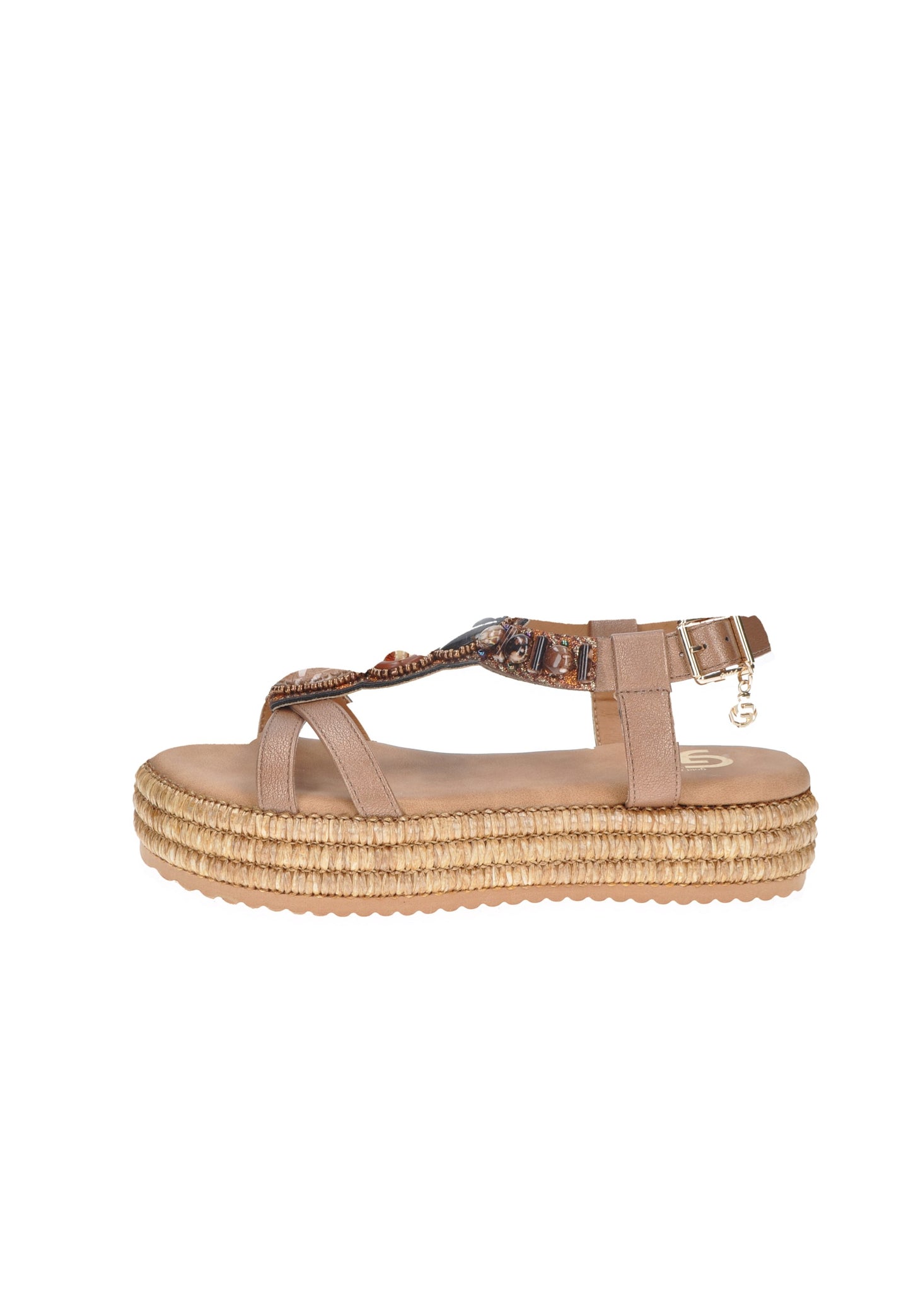 GC760 Sandalo Miriam in ecopelle con cinturino alla caviglia e suola alta in gomma, colore beige.