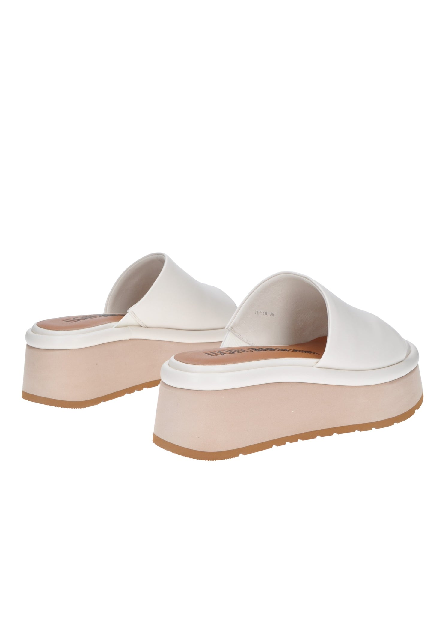 Back view of TL111 Sandalo LUCIANO BARACHINI, a stylish white sandal with a 7 cm rubber platform for comfort and stability.
