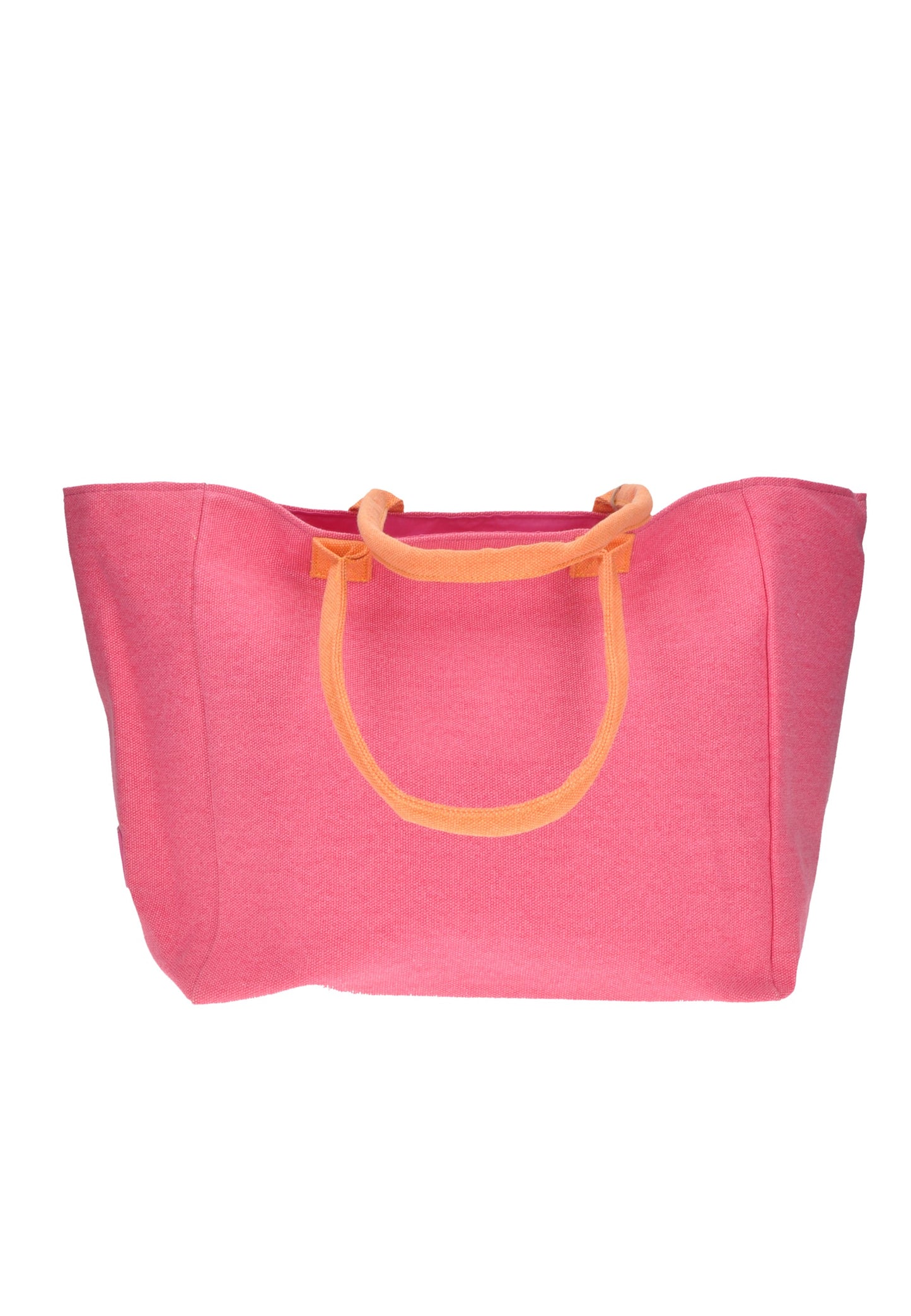 Pink shopping bag with orange handles, ideal for beach days and casual outings.