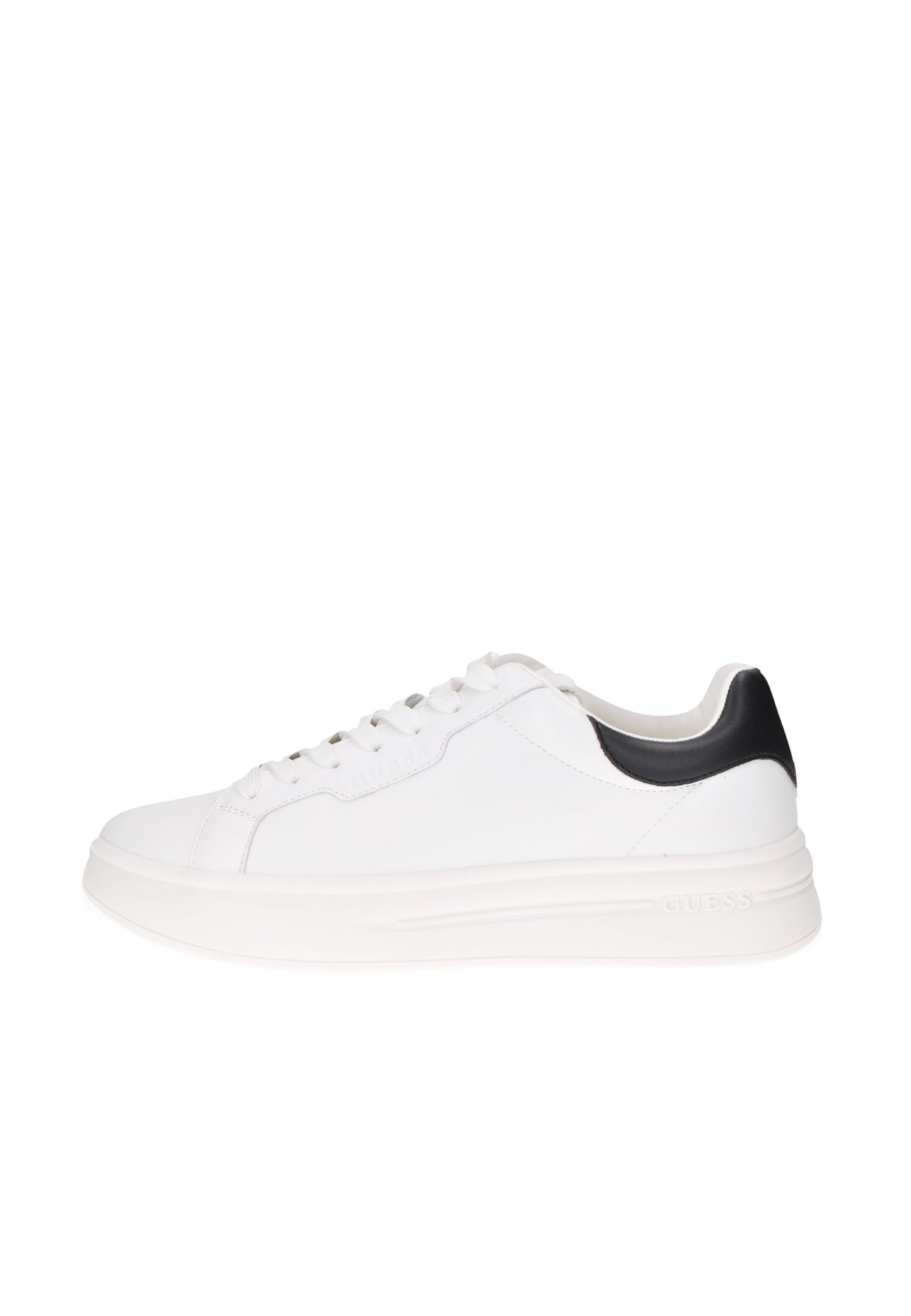 White GUESS sneakers with black heel detail, featuring a lace-up closure and cushioned sole for comfort.