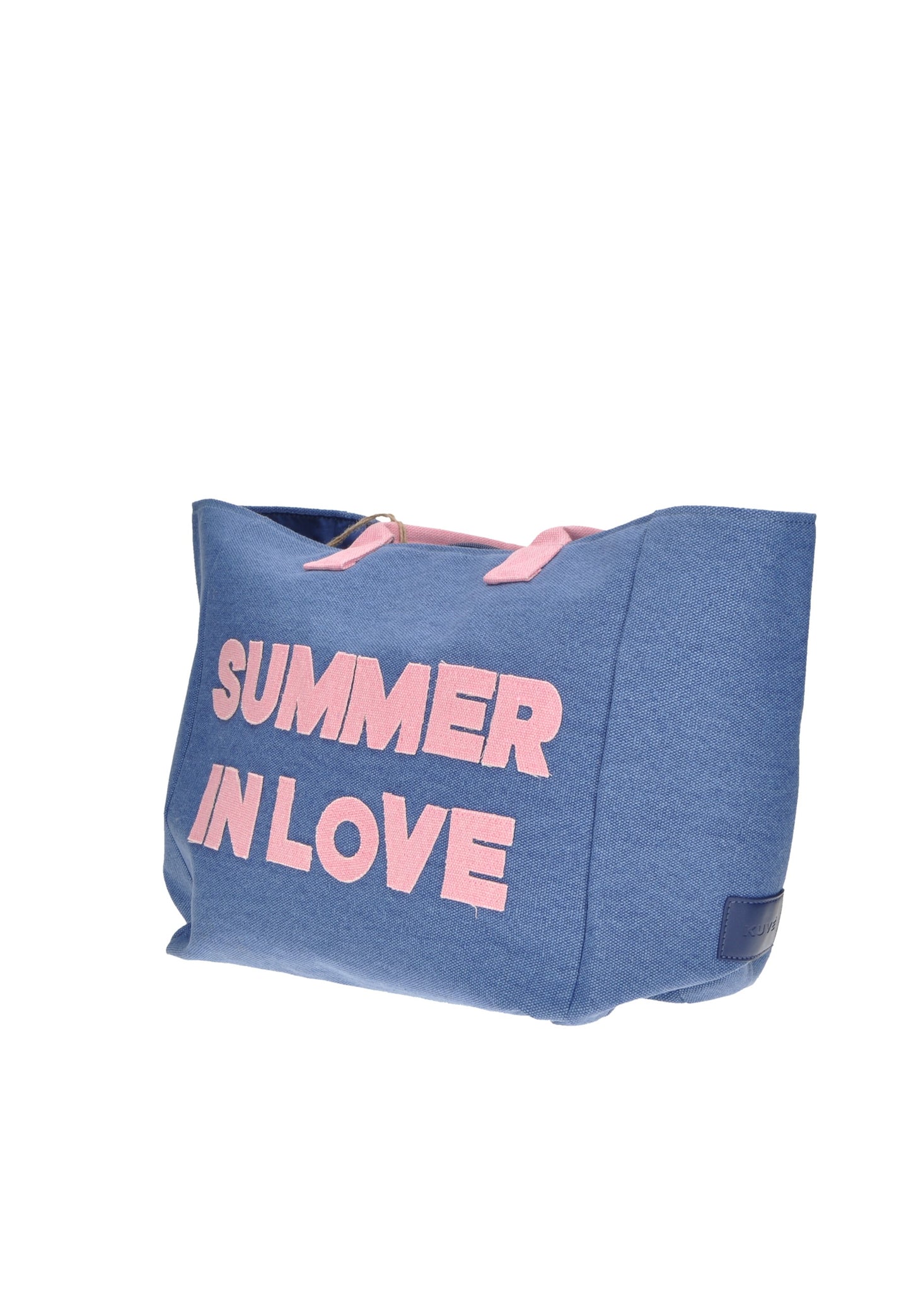 Blue shopping bag with pink "SUMMER IN LOVE" text, perfect for beach outings and summer adventures.