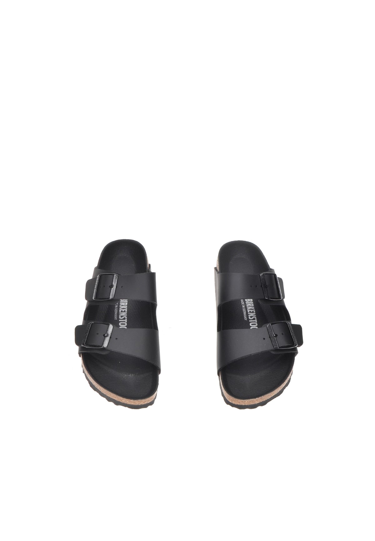 Black BIRKENSTOCK Arizona sandals with adjustable metal buckles, featuring cork-latex footbed and EVA sole.