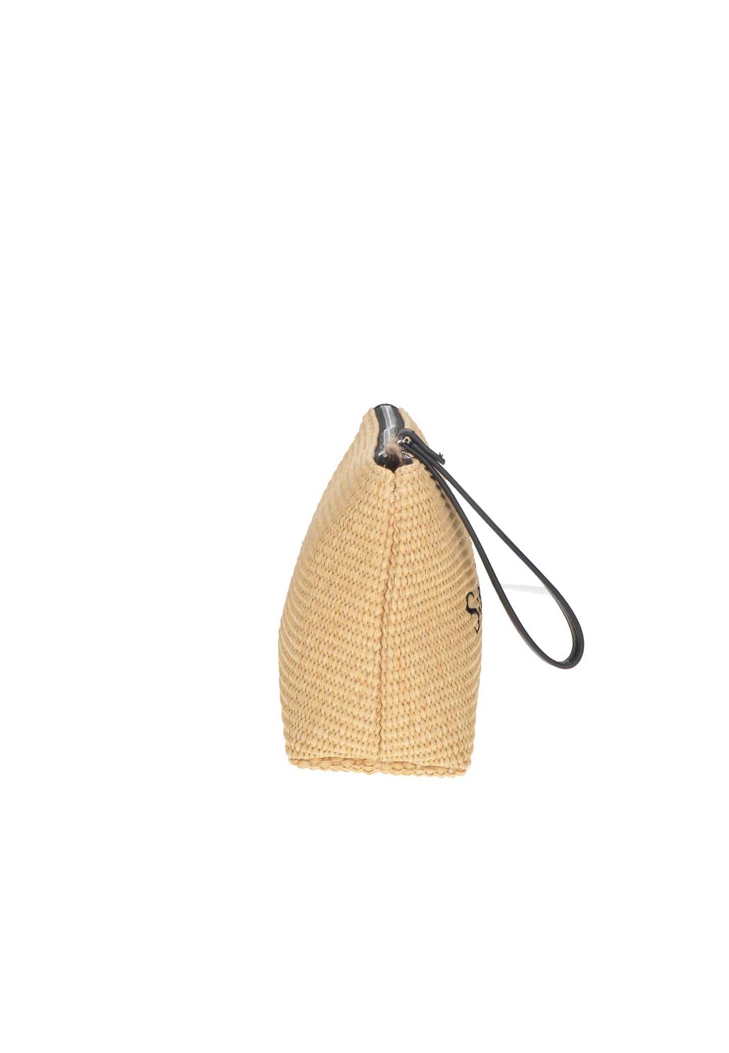 Side view of KBE47A513 Pochette KUVE', a stylish beige beach bag with zipper closure.