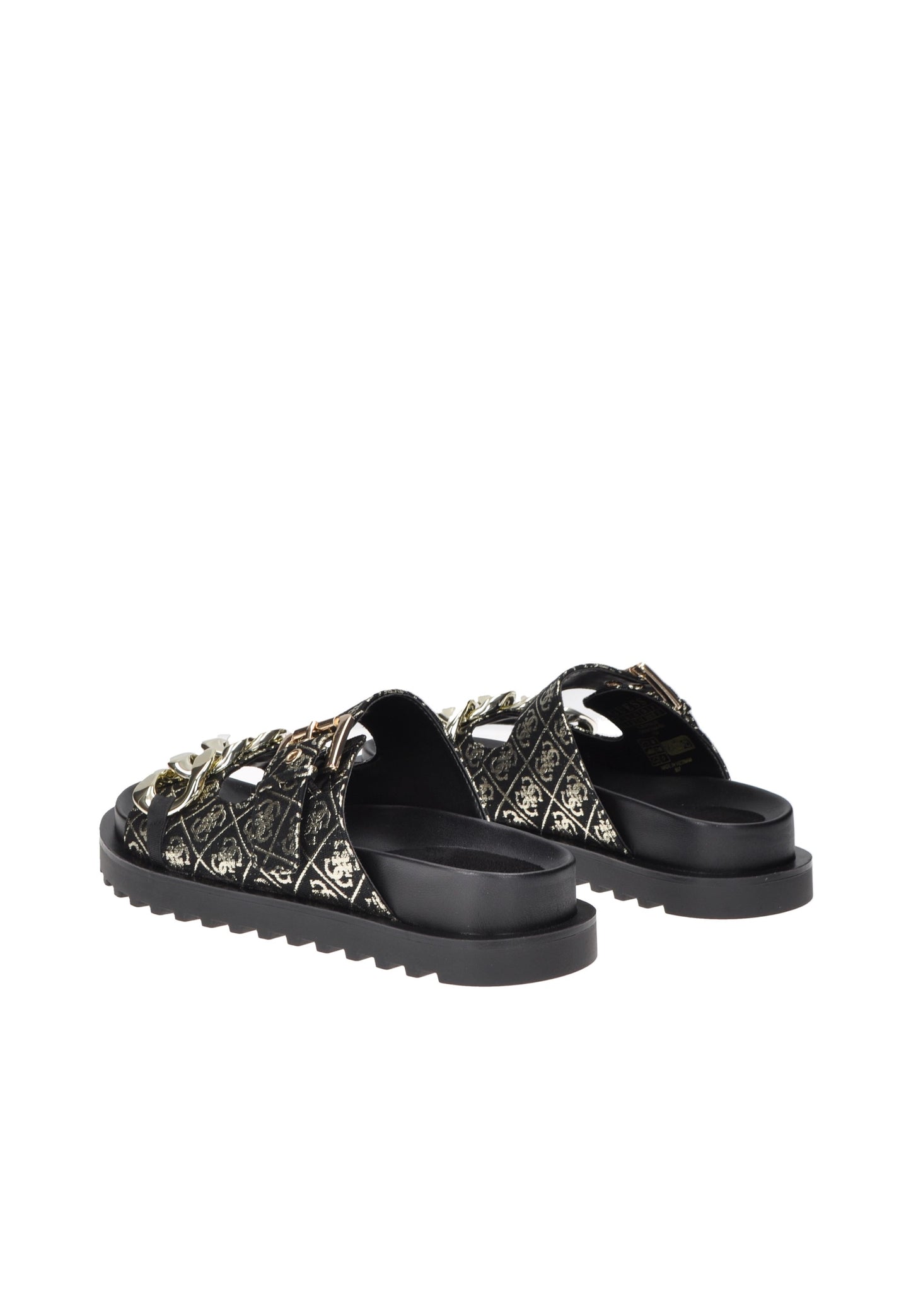 Sandalo Fatema GUESS in tessuto nero con fibbie e stampa 4G, suola in gomma e altezza para di 2 cm.