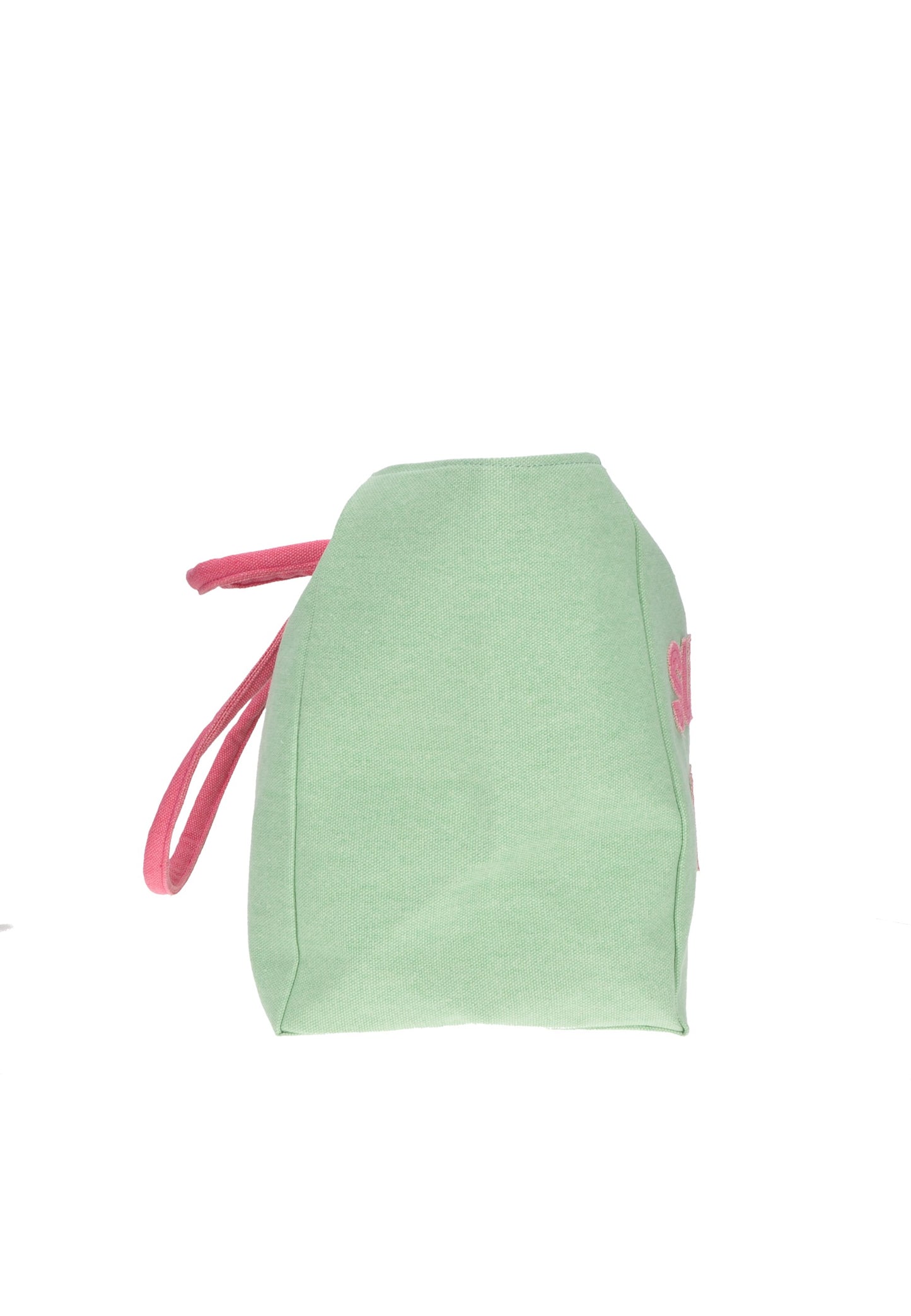 Side view of KBS33A01 Shopping KUVE' bag in green fabric with pink straps, ideal for beach use.