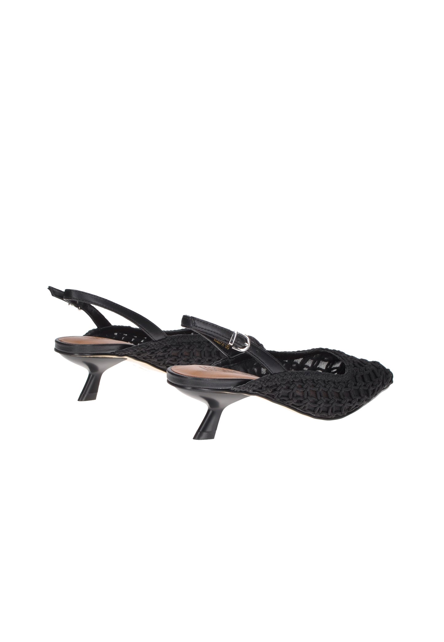 Black open back slingback shoes with woven design and 6 cm high heel by Luciano Barachini.