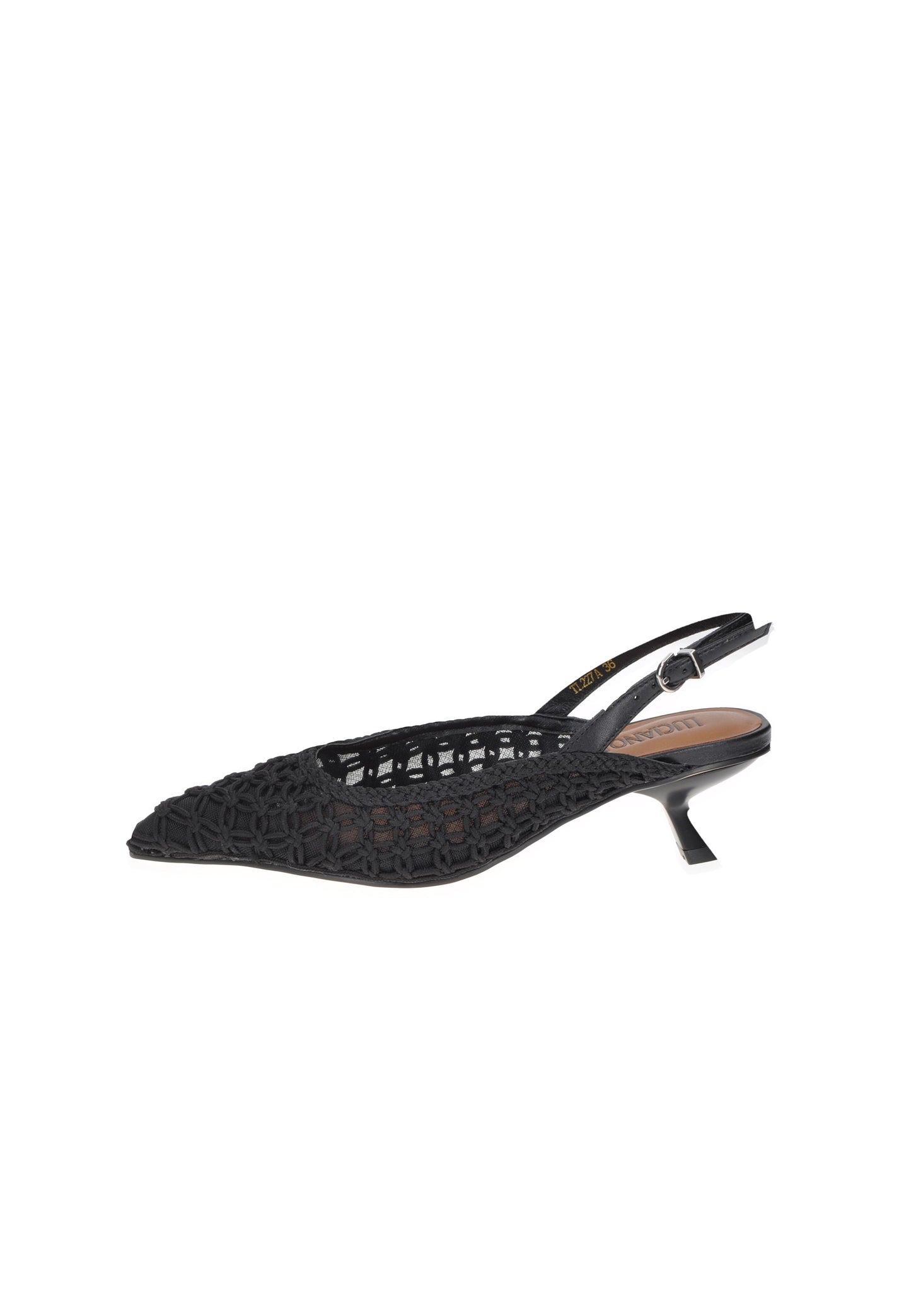 Black open-back decollete shoes with a stylish wedge heel by LUCIANO BARACHINI.