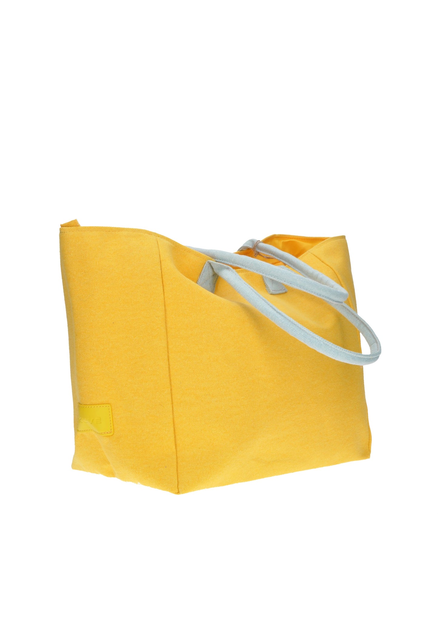Yellow shopping bag with gray handles, perfect for beach days, dimensions 54x32x23 cm.