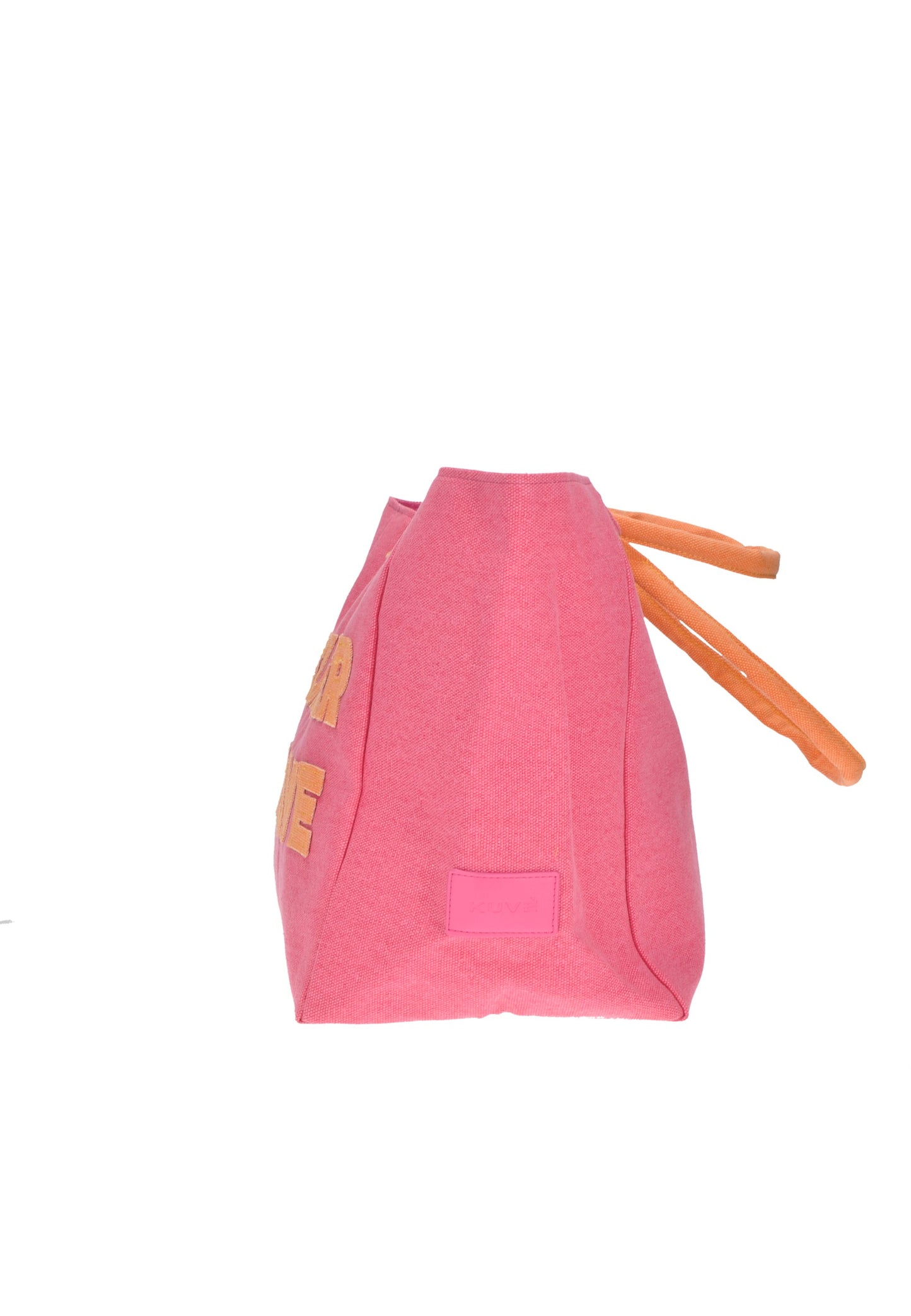 Side view of the pink KBS33A01 Shopping KUVE' bag with orange handles, ideal for beach outings.