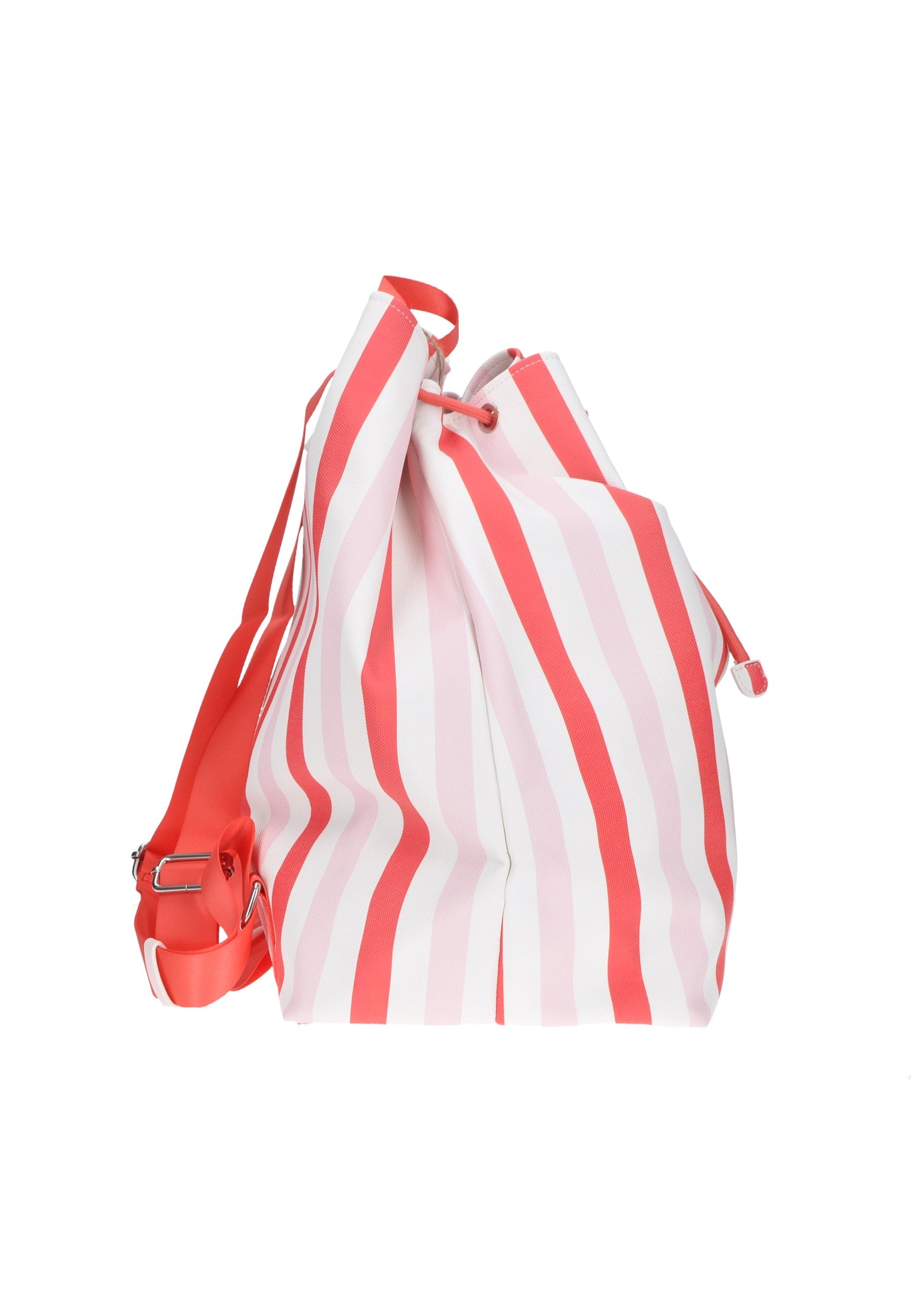 KBS31A03 Zaino KUVE' mare in ecopelle, strisce rosa e bianche, con coulisse e tracolla, ideale per la spiaggia.