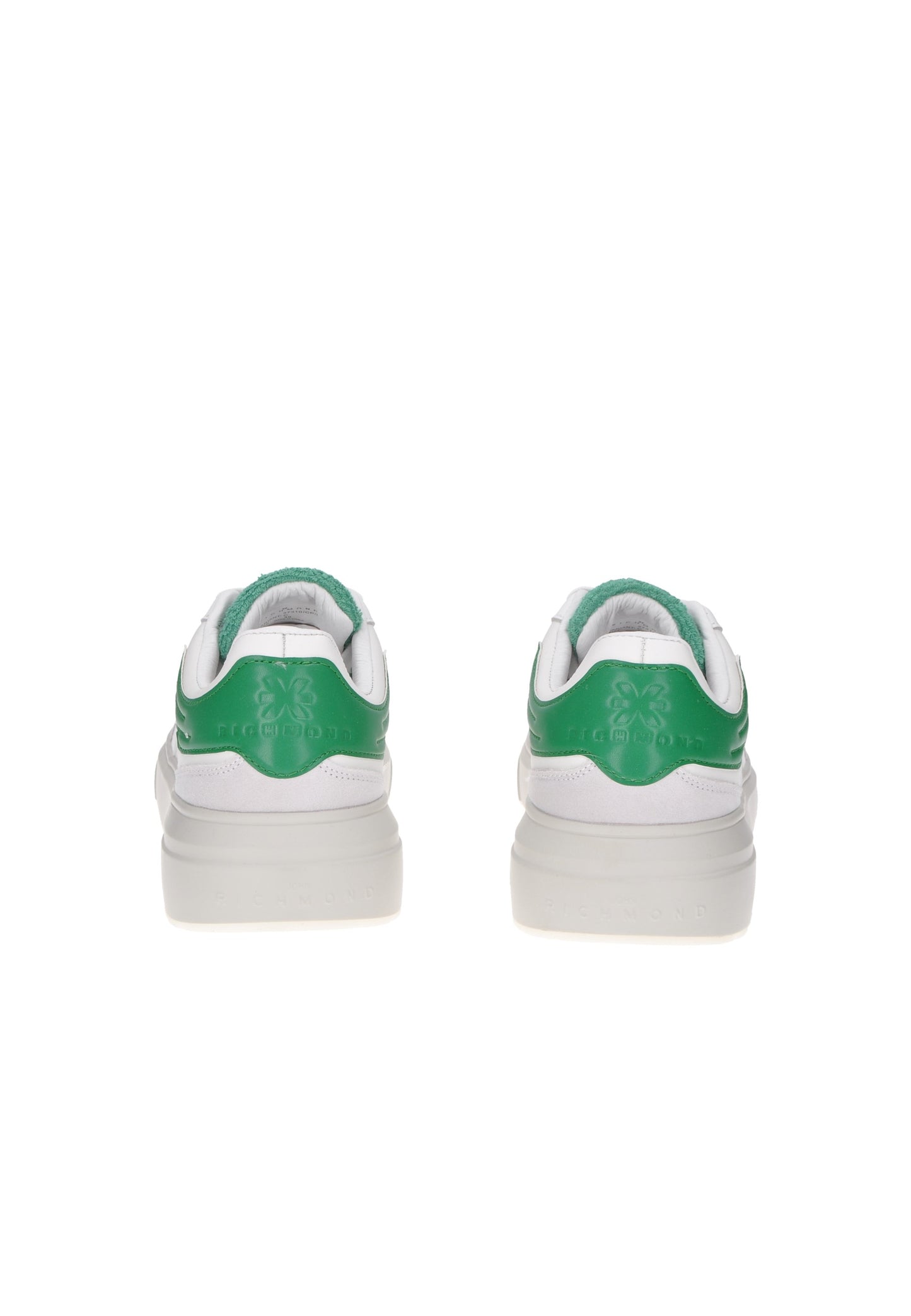Rear view of JOHN RICHMOND 27310/CP sneaker, featuring a white and green design with padded leather and 2 cm rubber sole.
