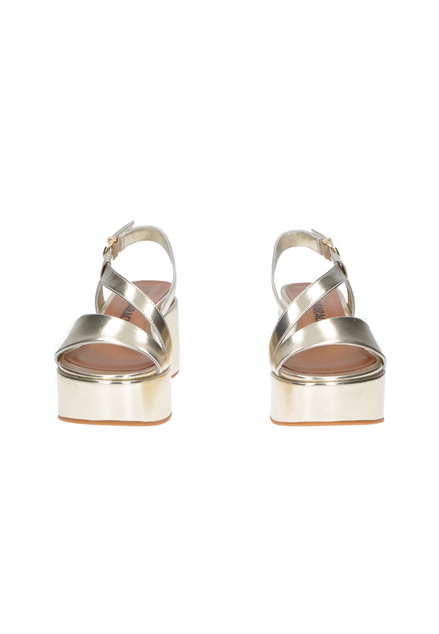 Back view of TL135 Sandalo LUCIANO BARACHINI, stylish gold strappy sandals with high rubber platform.