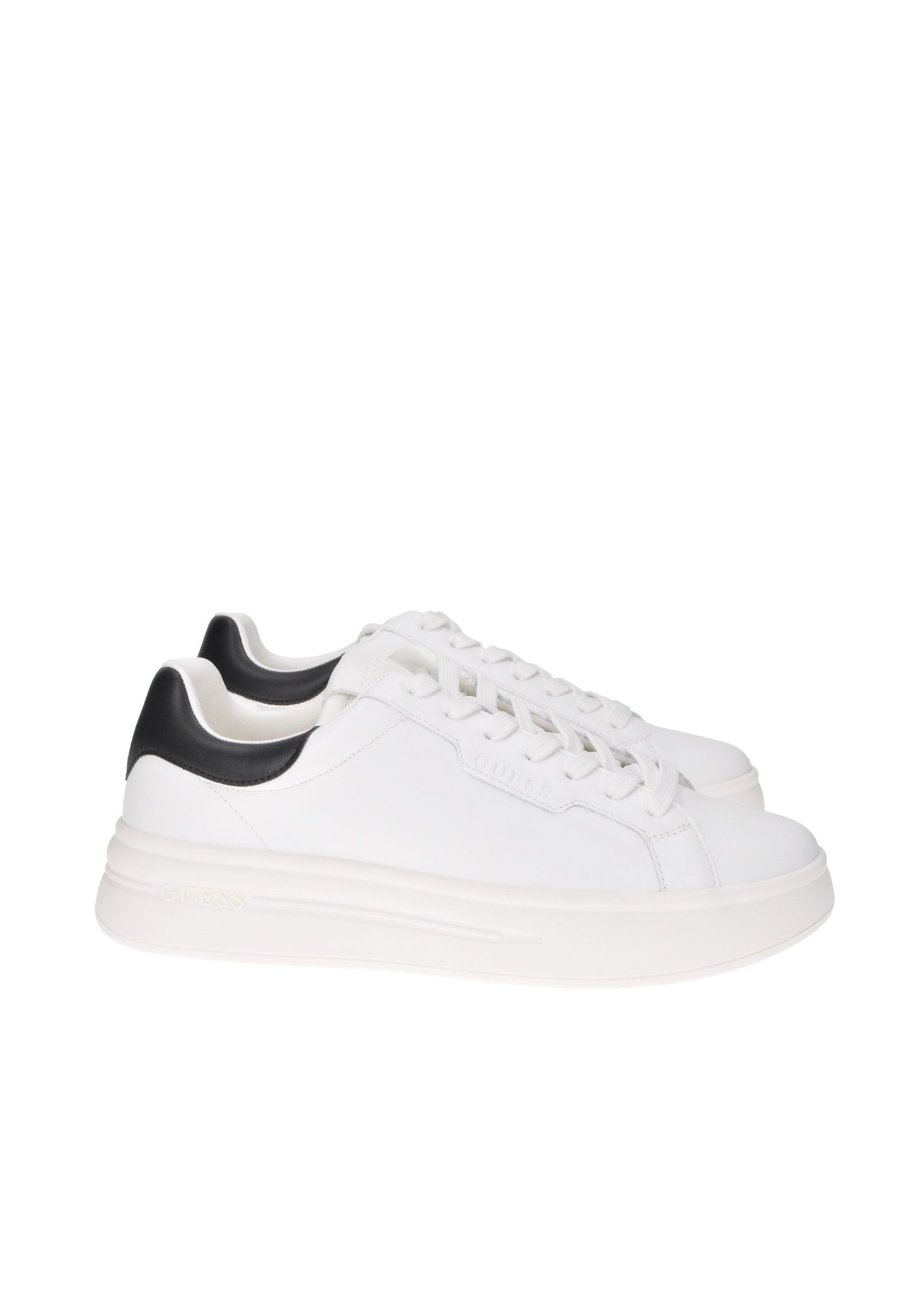 White leather sneakers with black heel and cushioned sole, featuring lace-up closure and logo detailing.