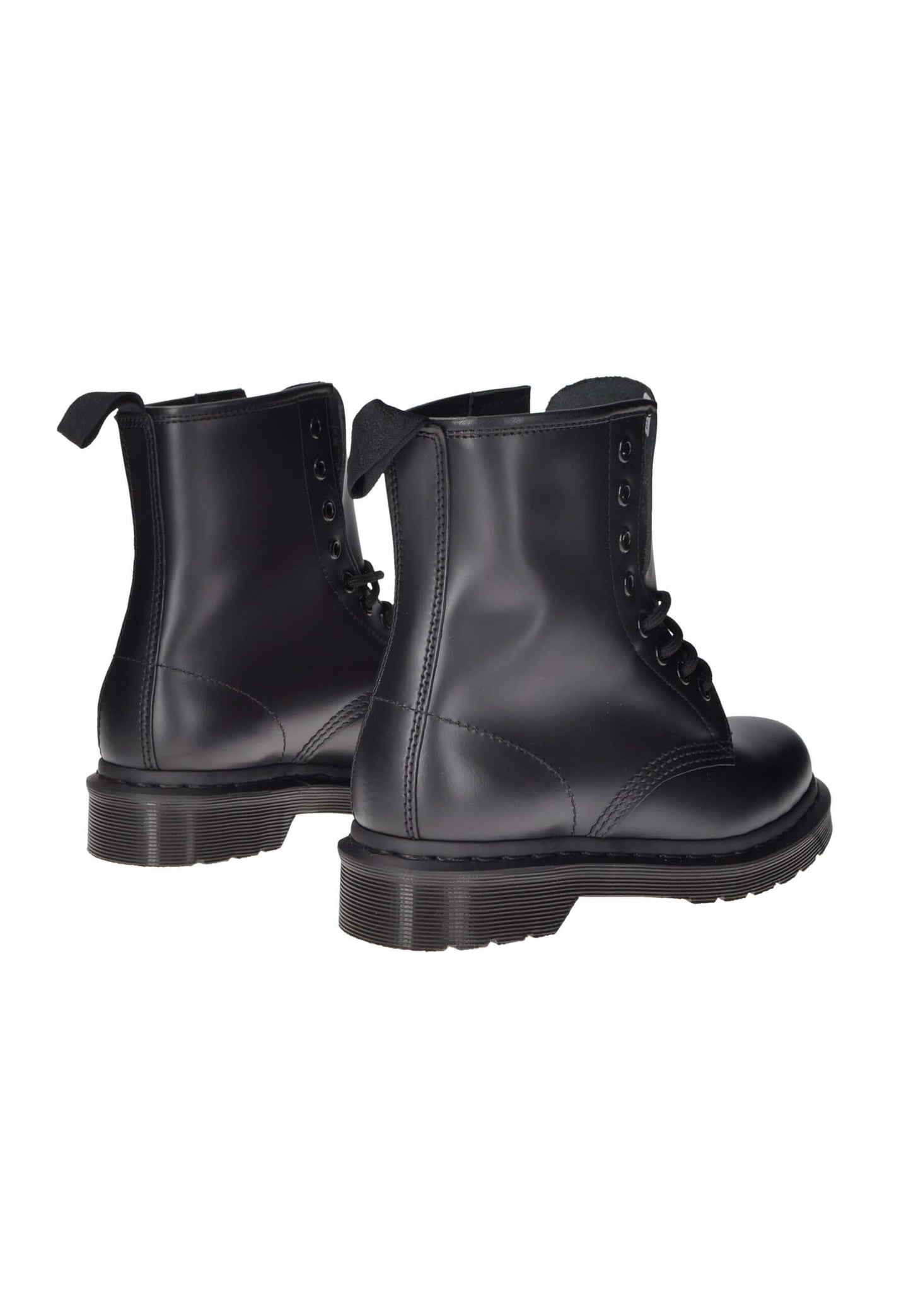 Black Dr. Martens 1460 Mono boots with laces and rubber sole, showcasing a stylish and durable design.