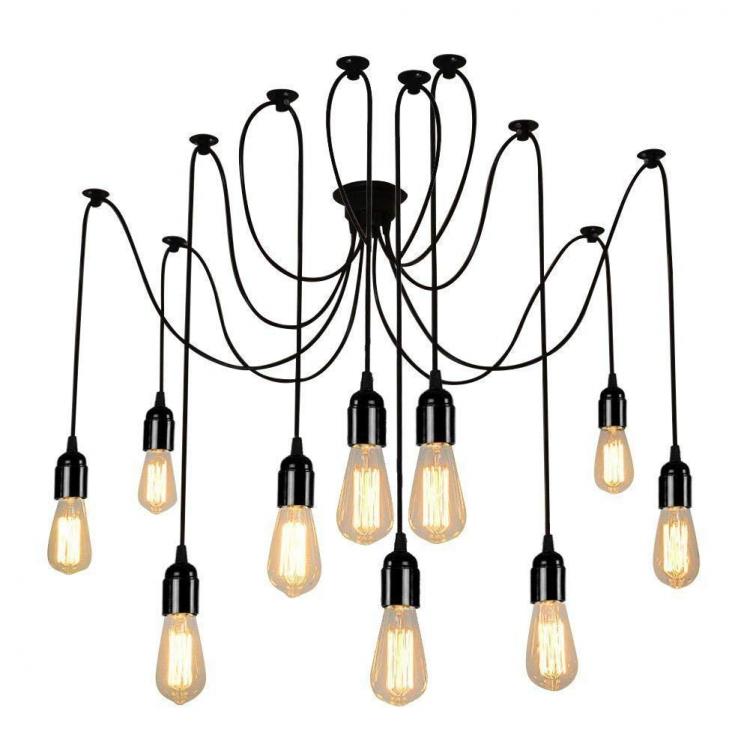 12-flammige, verstellbare Pendelleuchte, schwarz, E27, Vintage-Spinnenlampe