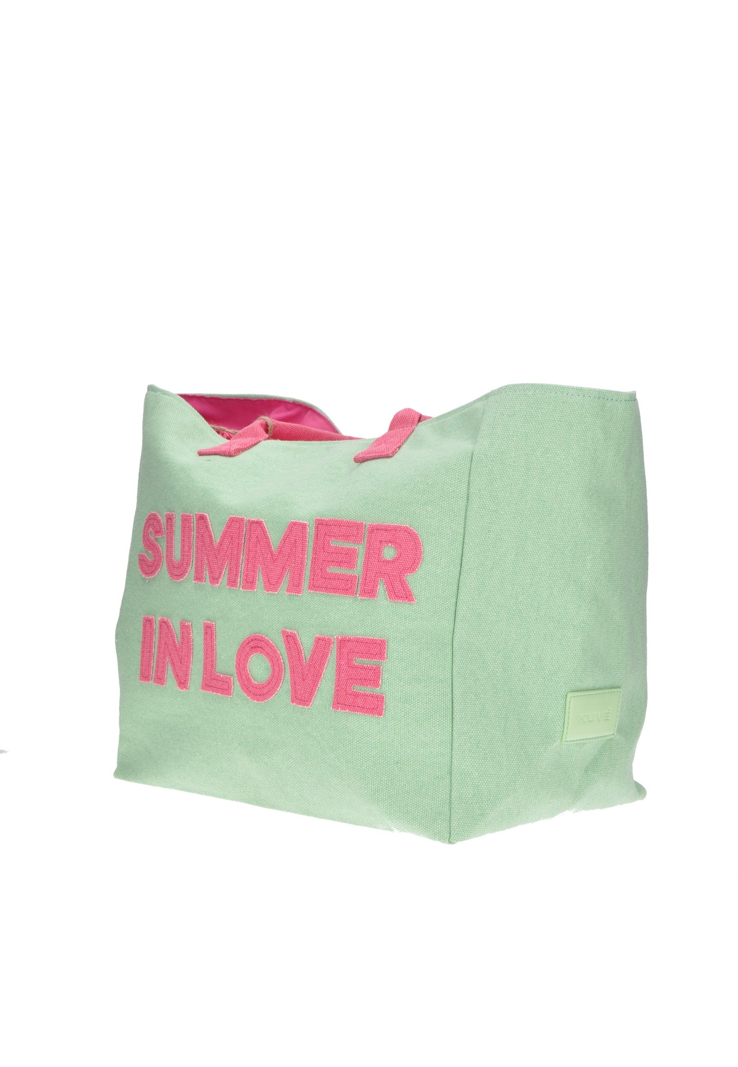 Green shopping bag with pink text saying 'SUMMER IN LOVE', perfect for beach days.