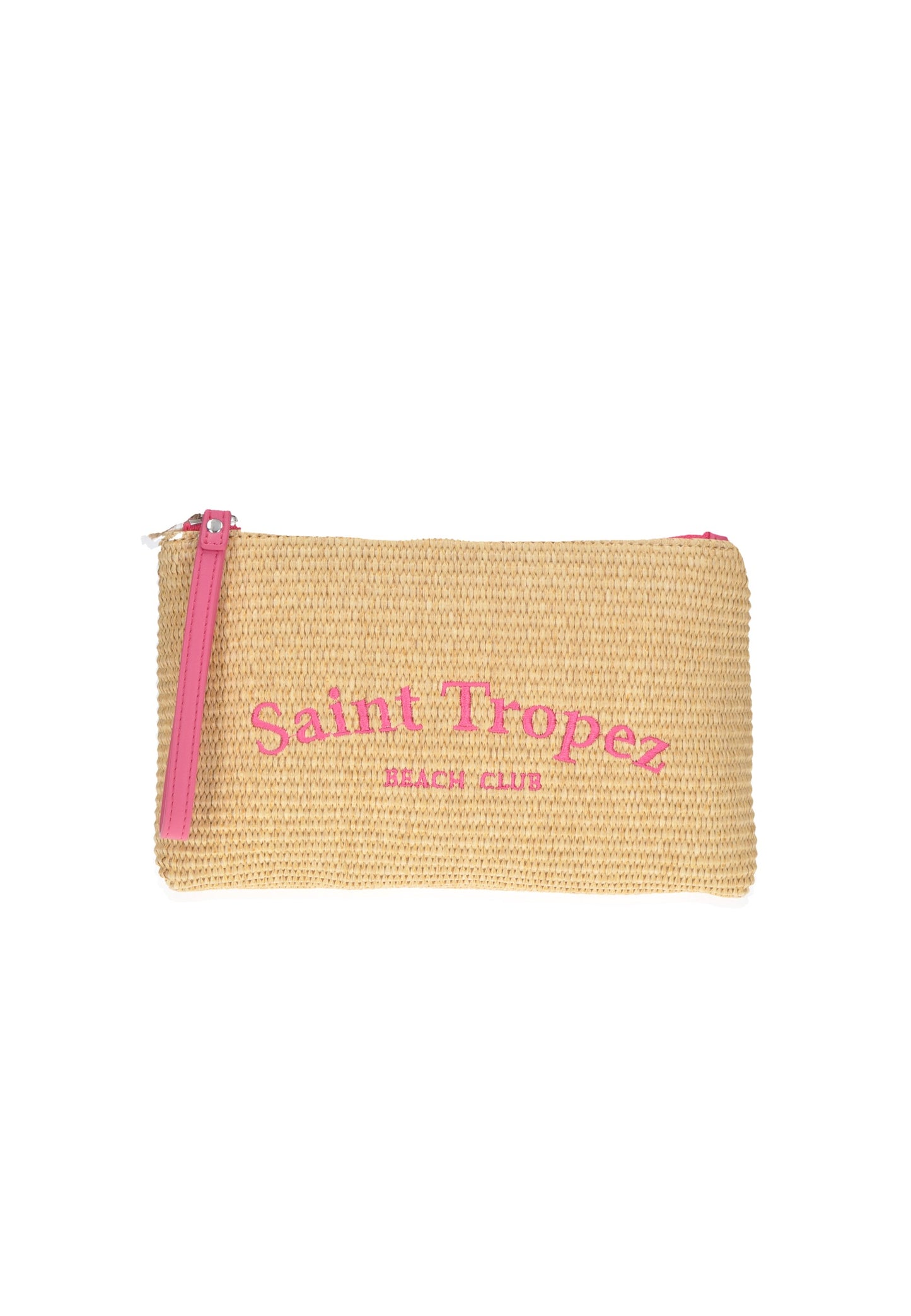 Pochette mare Saint Tropez con chiusura a cerniera, colore beige e dettagli rosa, ideale per la spiaggia.