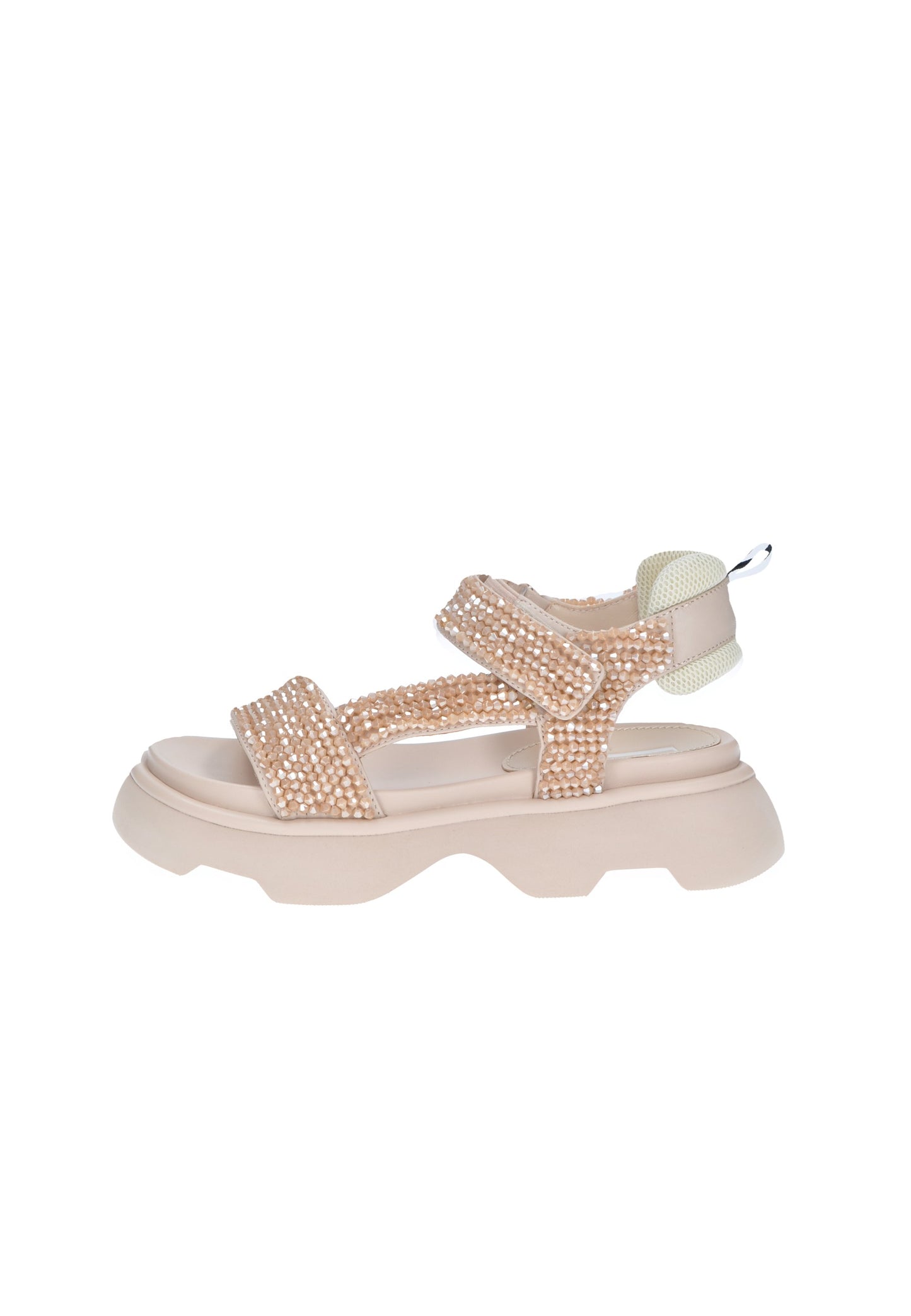 TJ524 Sandalo JEANNOT in pelle e tessuto con strass, suola alta 5 cm, chiusura velcro, stile avventuroso.