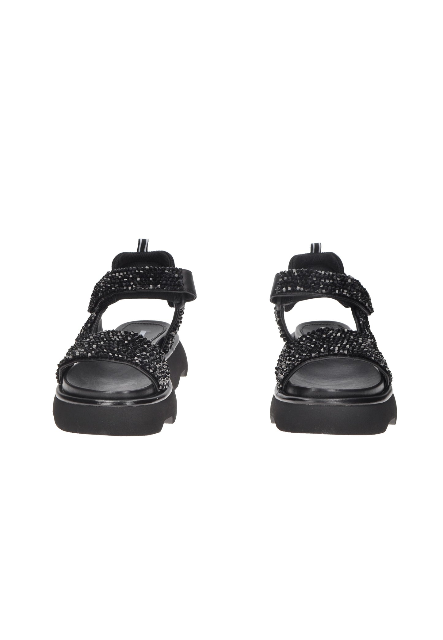 TJ524 Sandalo JEANNOT black sandals with velcro and strass detail, cushioned footbed, rubber sole, 5cm heel.
