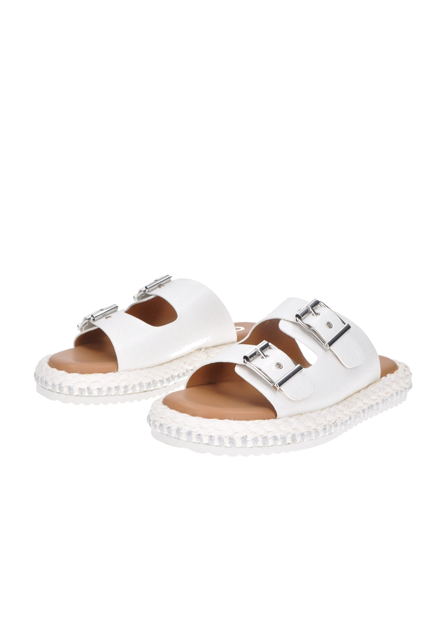 Stylish white sandals with double buckle closure and woven sole for comfort and support.