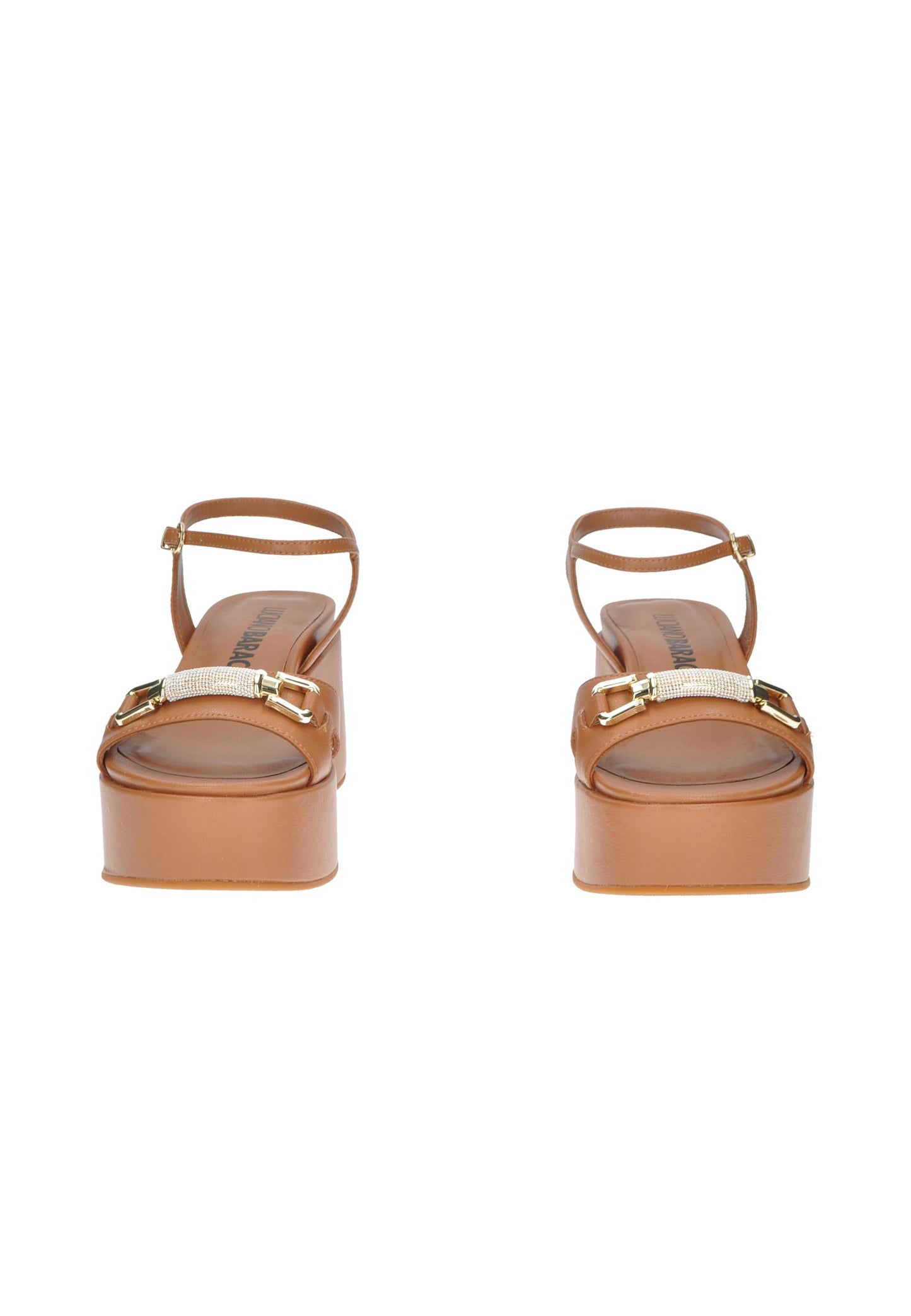 Front view of TL133 Sandalo LUCIANO BARACHINI in brown leather with ankle strap and platform heel design.