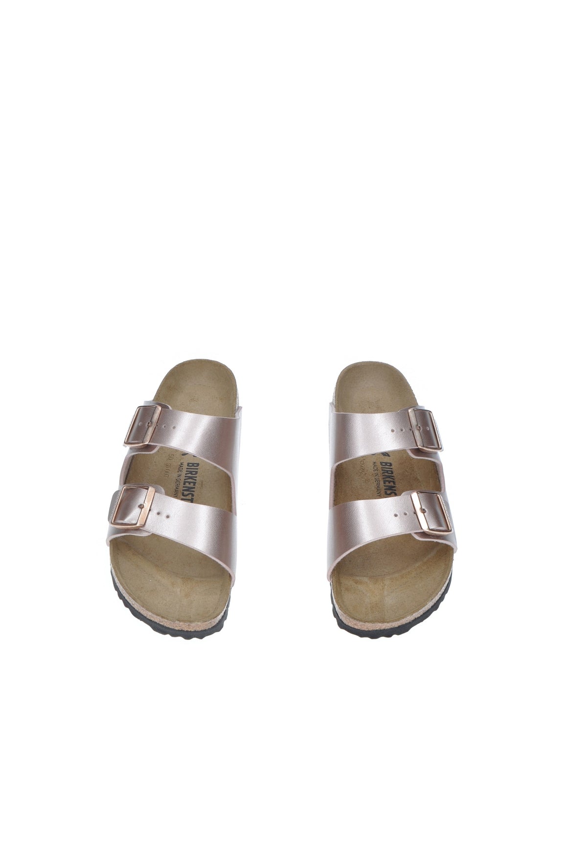 BIRKENSTOCK Arizona sandals in Birko Flor with adjustable metal buckles, cork-latex footbed for comfort.