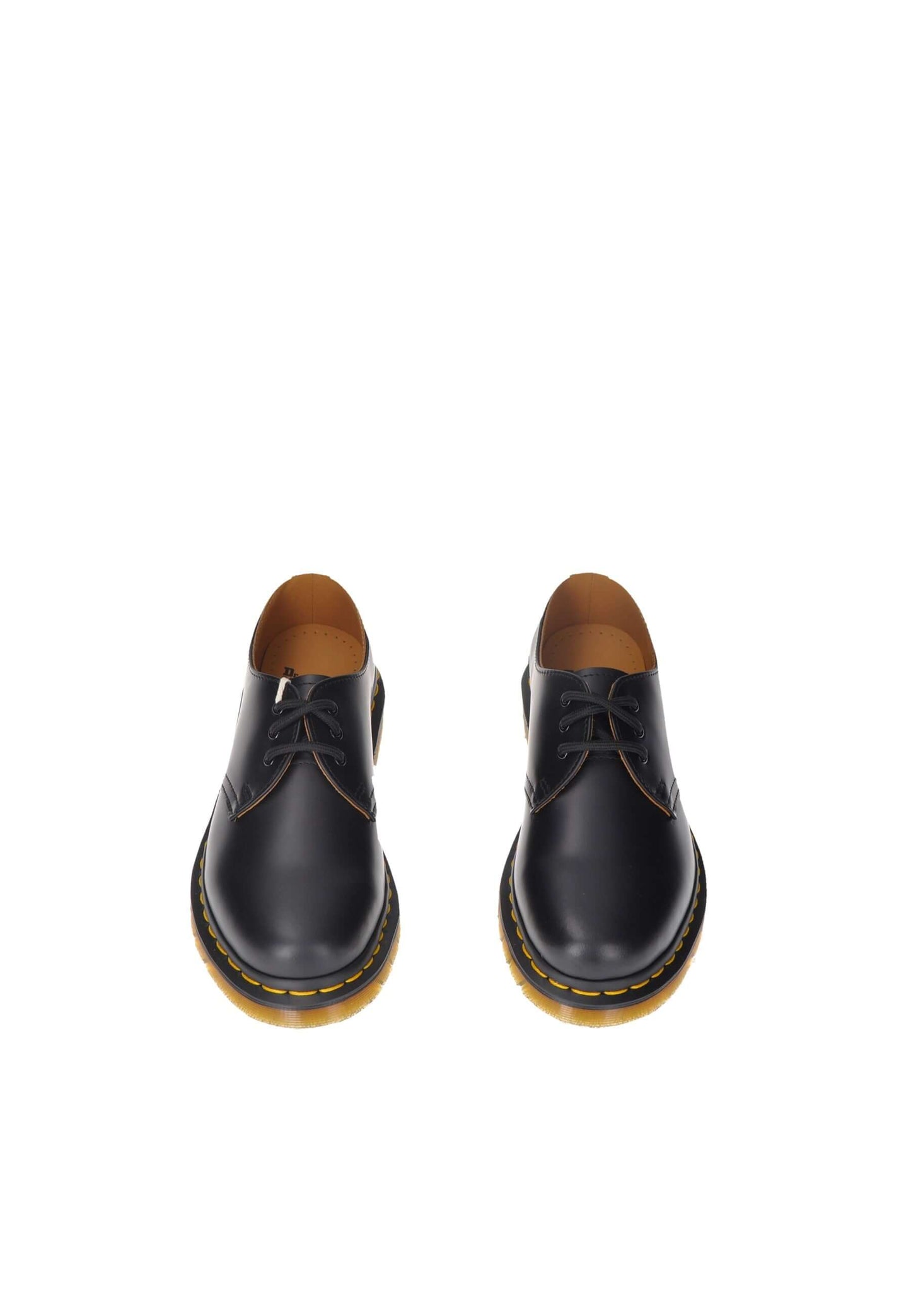 Top view of black DR. MARTENS 1461 Derby shoes with cushioned leather insole and rubber sole.
