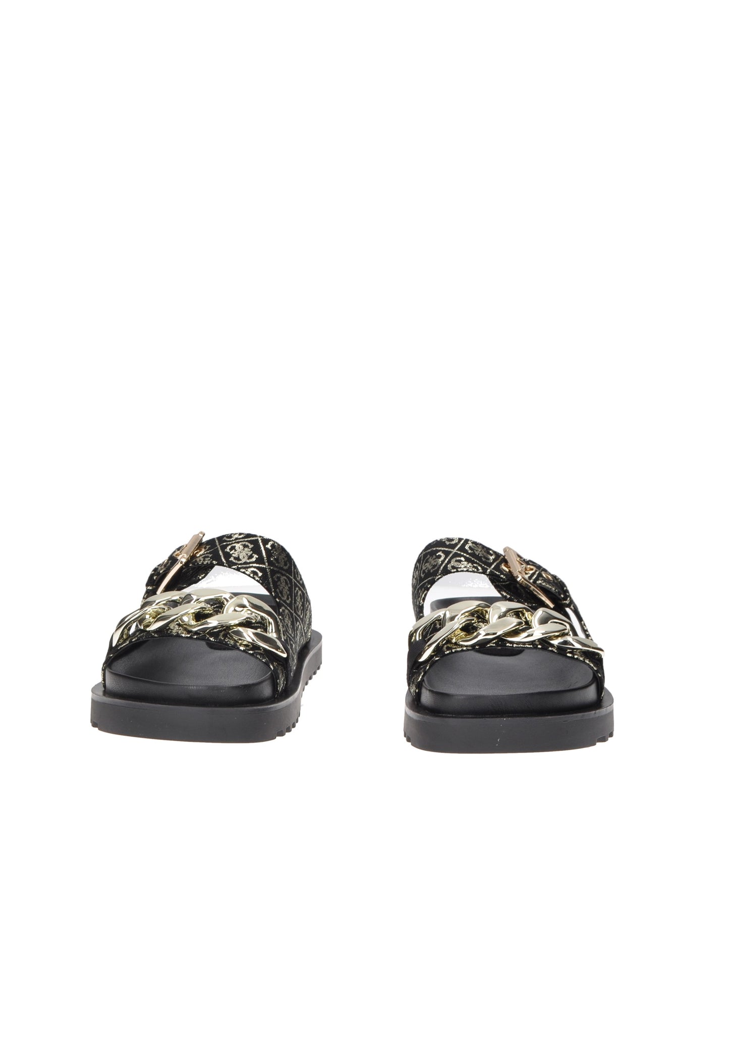 Sandalo Fatema GUESS in tessuto con fibbie e suola in gomma, altezza para 2 cm, stampa 4G logo.