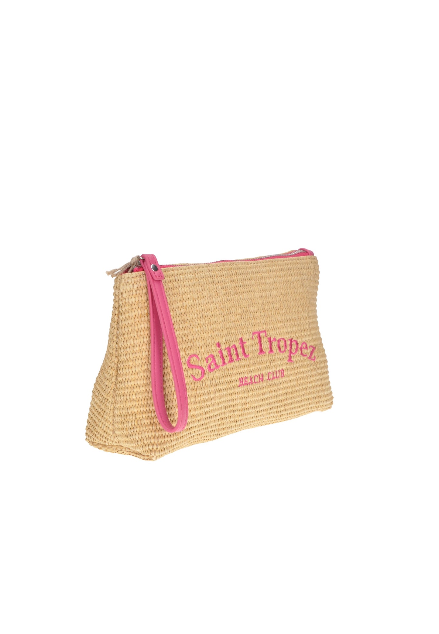 Saint Tropez beach clutch bag in straw with pink zipper and handle, perfect for summer outings.