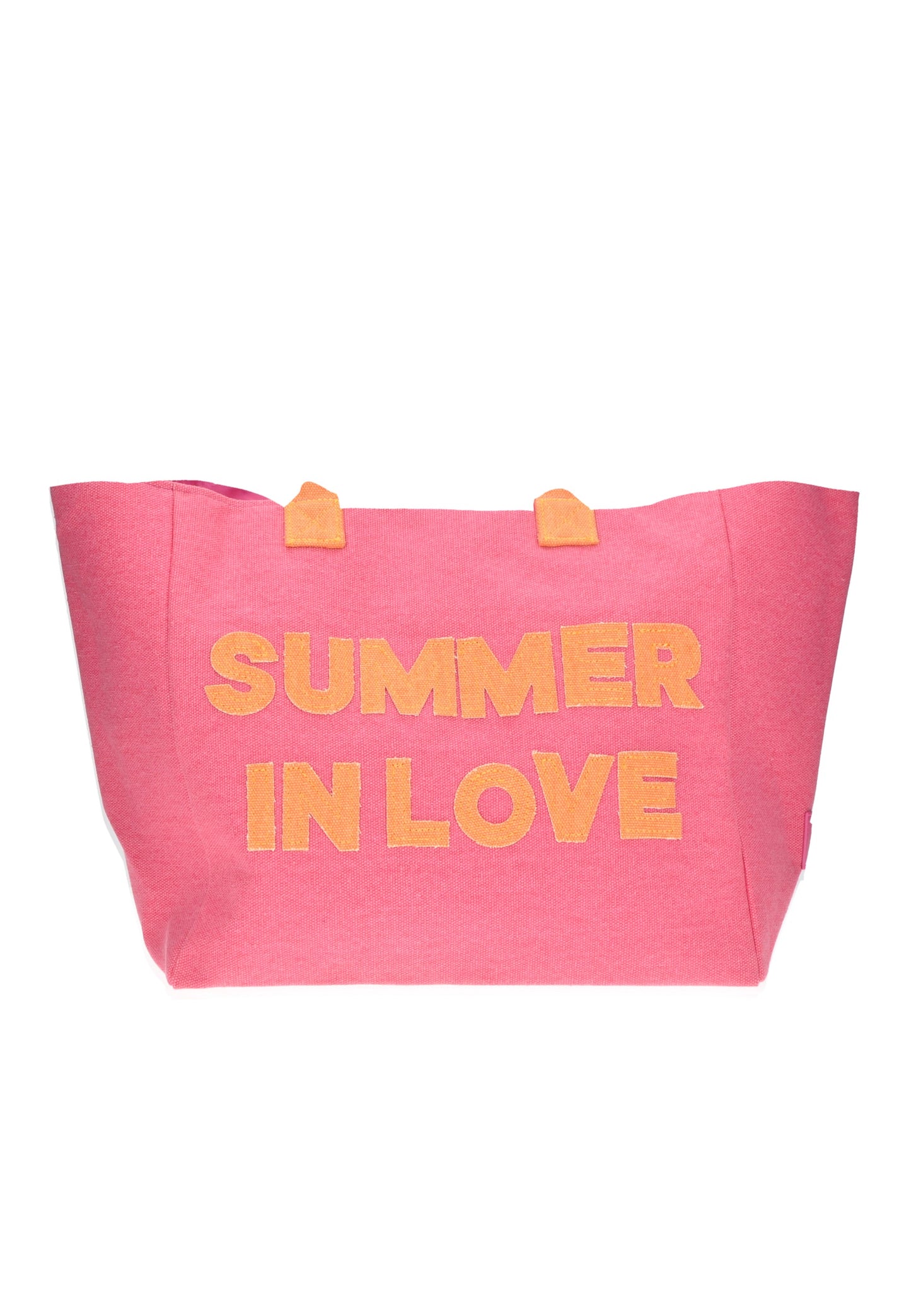 Shopping bag in pink with 'SUMMER IN LOVE' text, perfect for beach days and summer outings.