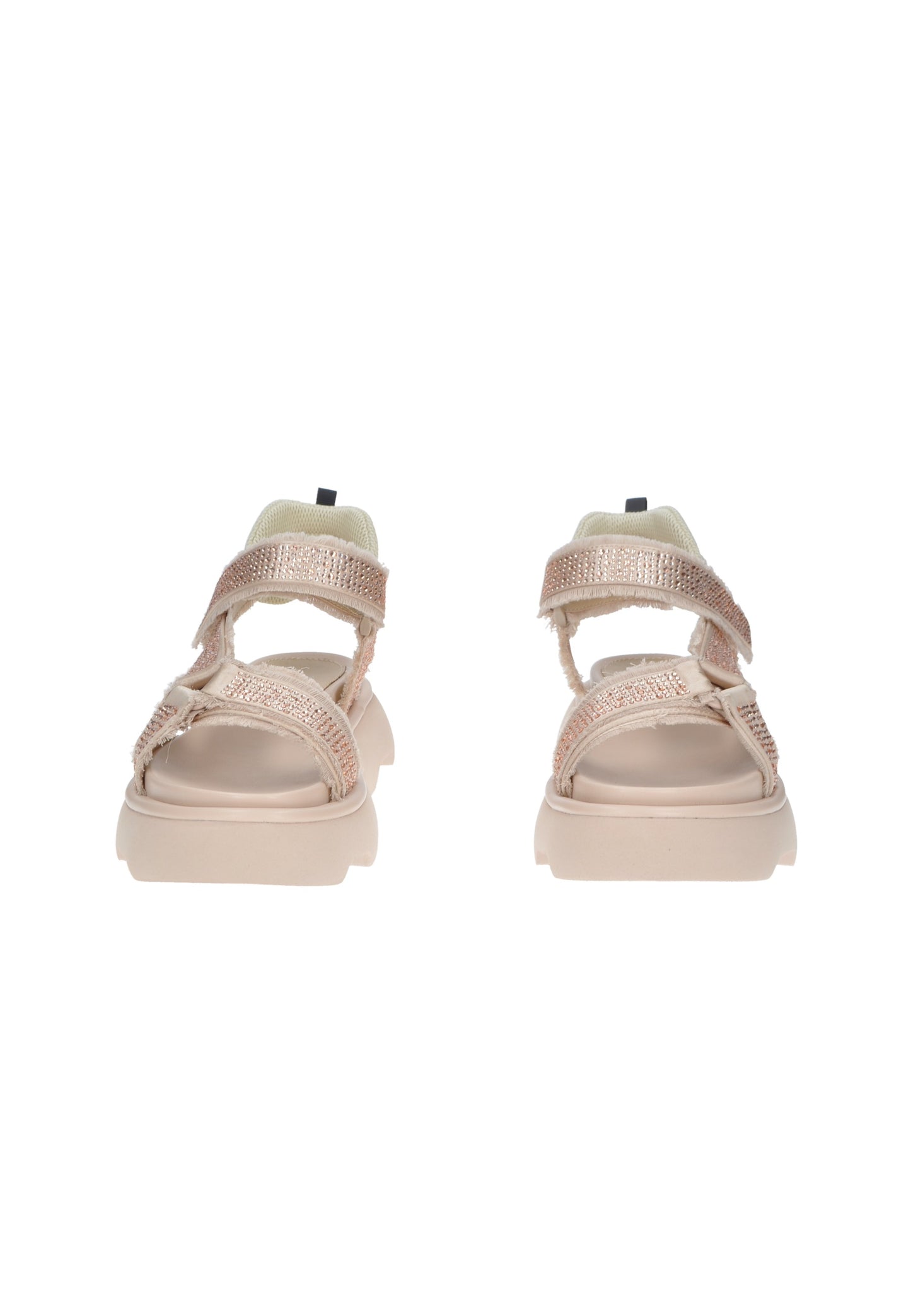 Rear view of TJ522 Sandalo JEANNOT, featuring Velcro straps and decorative strass on a comfortable cushioned footbed.
