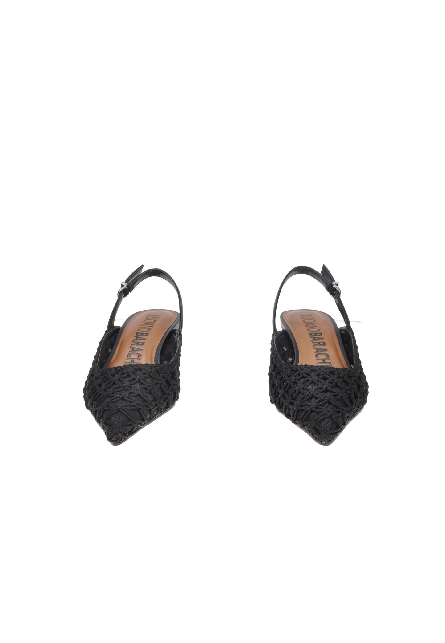 Black woven slingback heels with pointed toe and adjustable ankle strap.
