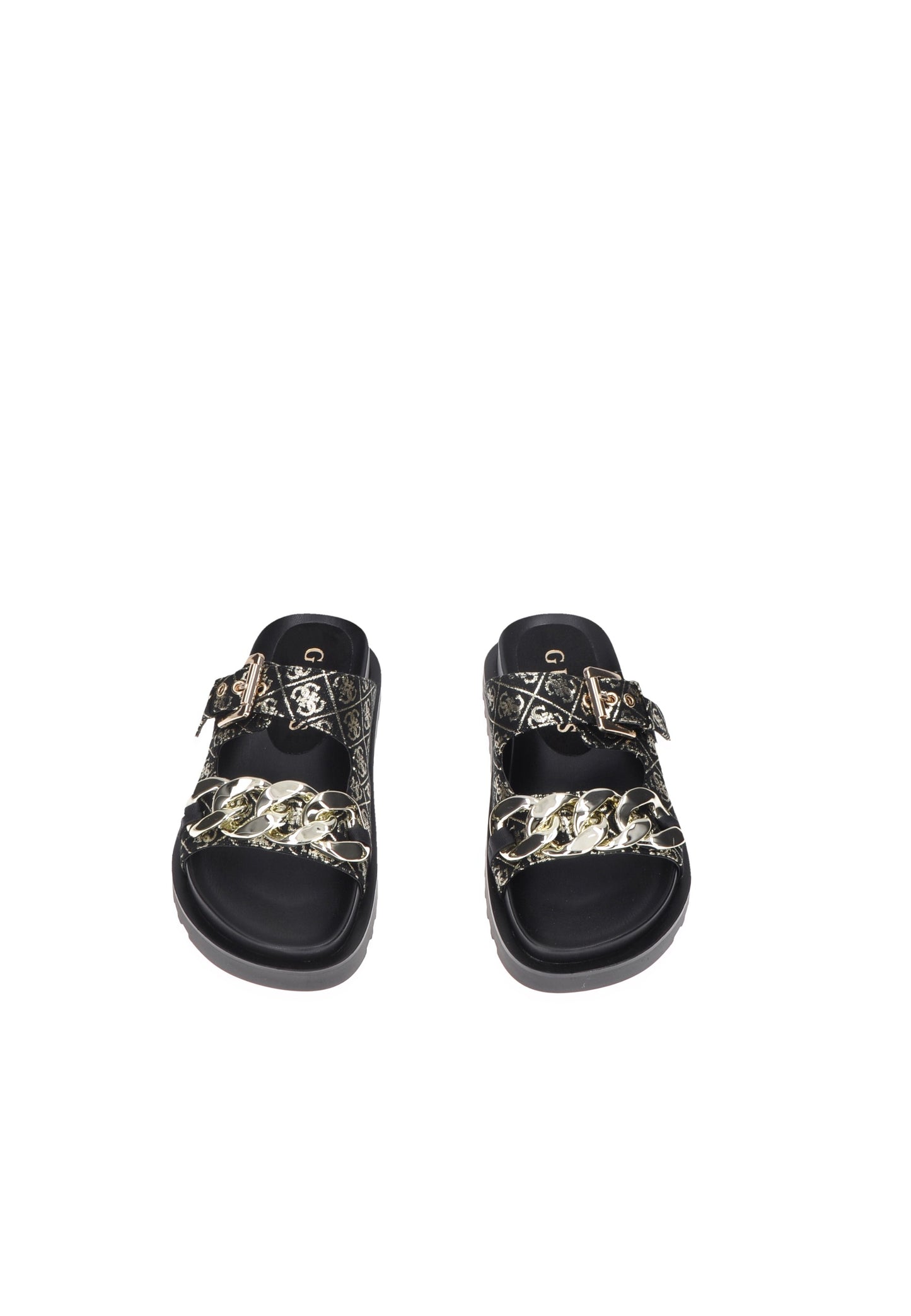 Sandalo GUESS Fatema in tessuto con chiusura a fibbie e stampa 4G logo, altezza para 2 cm.